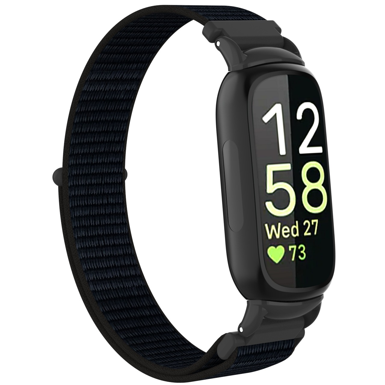 Eine schwarze Smartwatch mit schwarzem Stoffarmband. Der Bildschirm zeigt die Uhrzeit 12:58, Mittwoch, 27, Herzfrequenz 73.