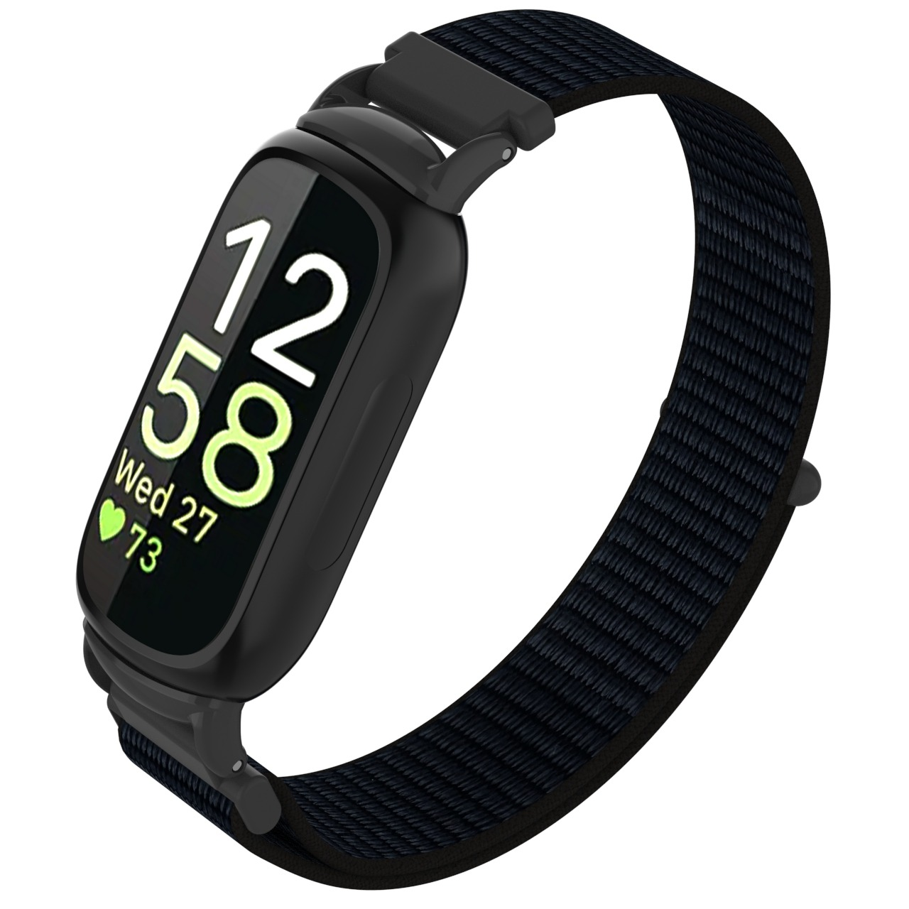 Eine schwarze Smartwatch zeigt die Uhrzeit 12:58 und das Datum an. Sie hat ein schwarzes gewebtes Armband.