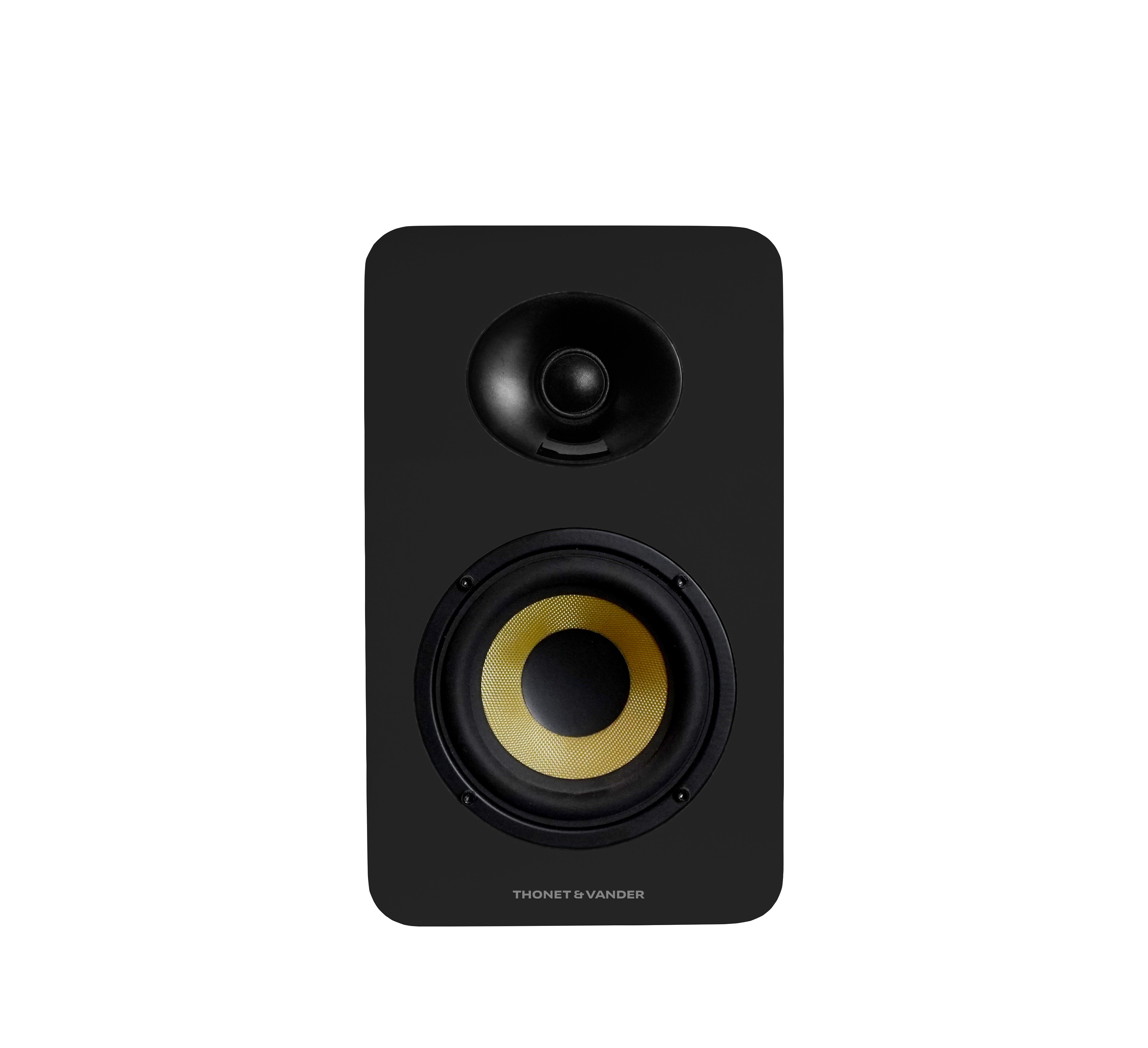 İki sürücülü siyah hoparlör: tiz ve woofer. Woofer'ın sarı ortası var. Alt kısımda marka adı.