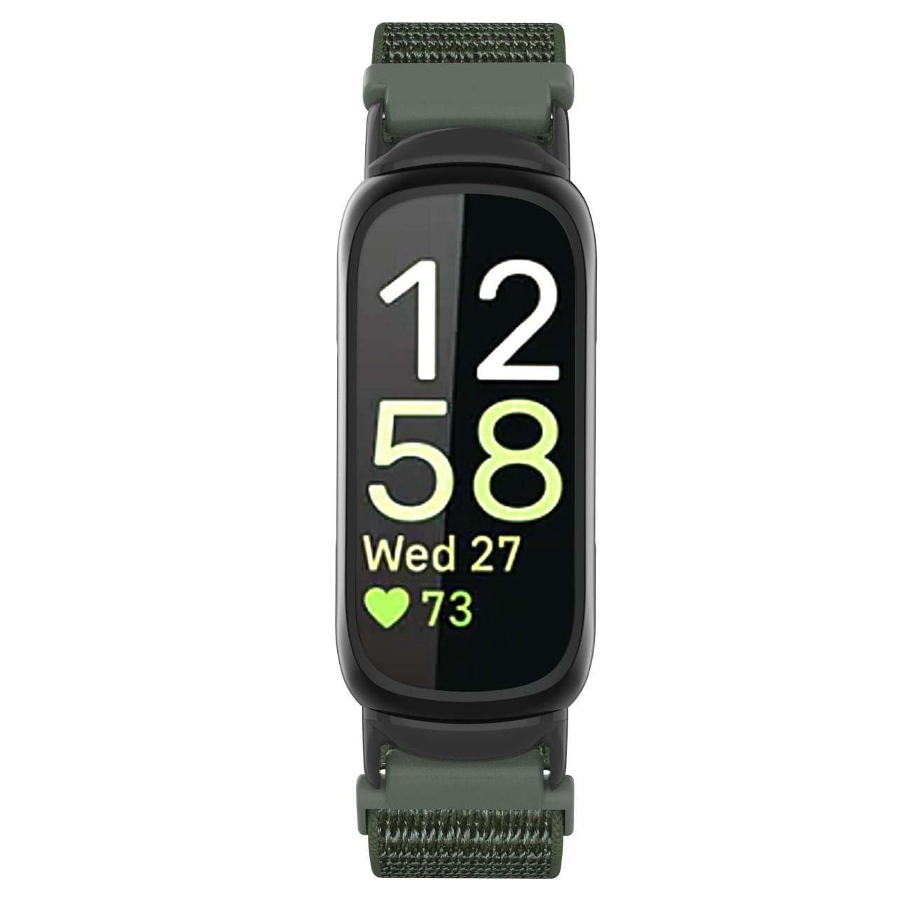 Smartwatch con schermo nero che mostra ora, data e frequenza cardiaca. Ha cinturini verdi e un corpo nero. L'ora è 12:58.