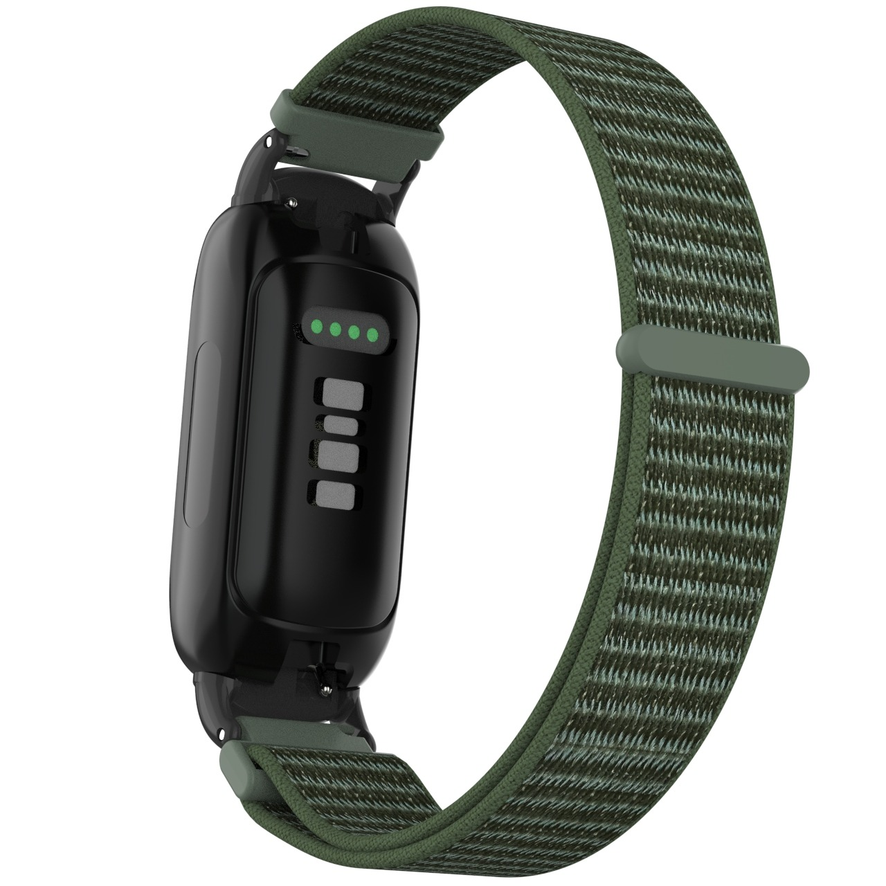 Fitness tracker nero con cinturino verde. Il tracker ha uno schermo, indicatori di batteria e un cinturino verde strutturato.