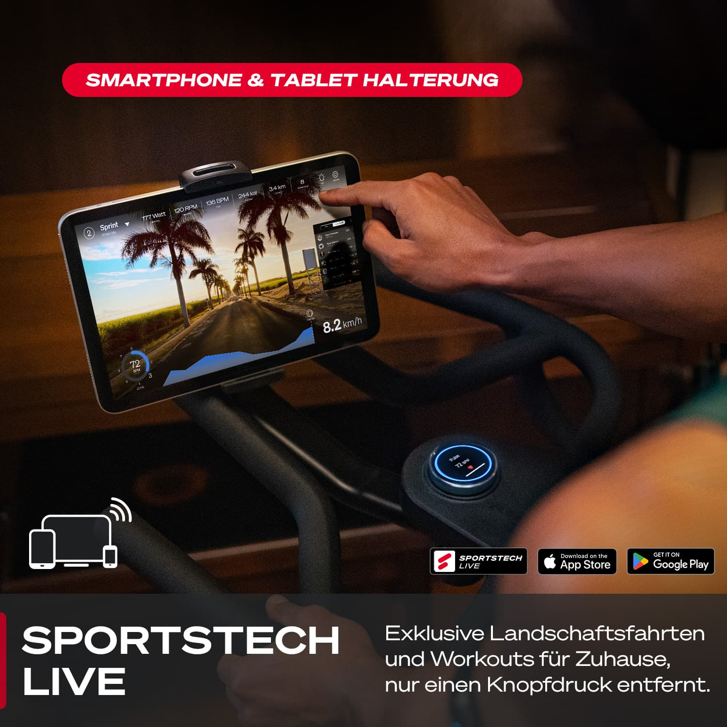 Eine Person nutzt ein Tablet auf einem Trainingsrad, berührt den Bildschirm. Der Bildschirm zeigt eine Straße mit Palmen. Das Rad hat Bedienelemente.