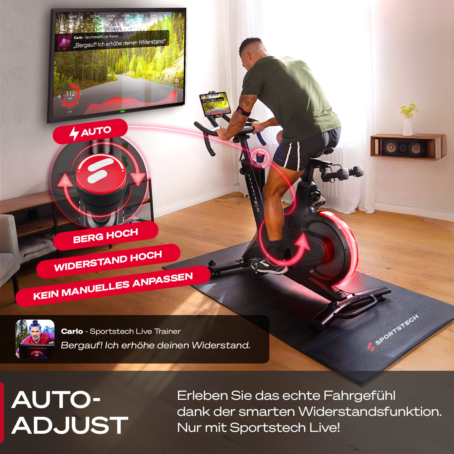 Ein Mann auf einem Heimtrainer mit Bildschirm, der eine virtuelle Fahrt zeigt. Text zeigt Widerstandserhöhung.