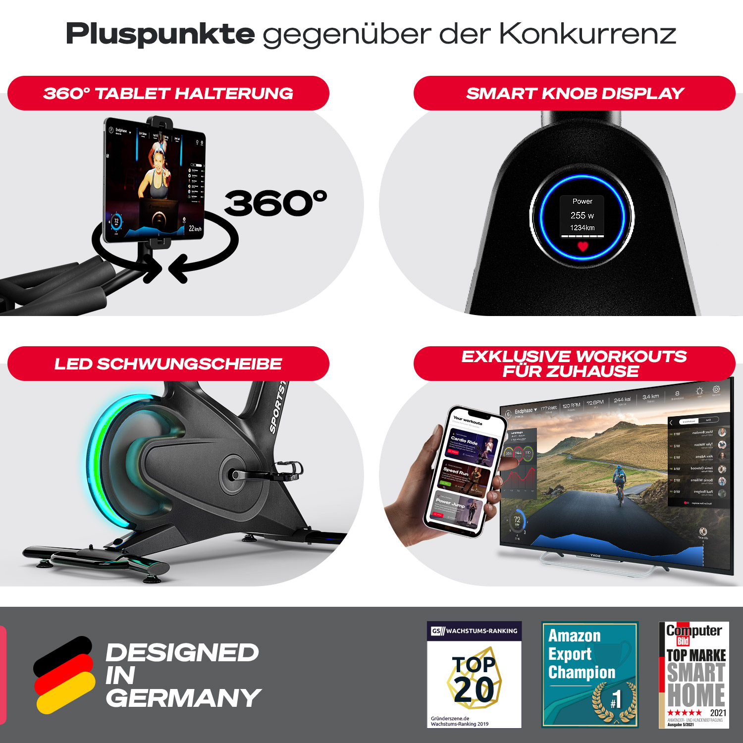 Ein Heimtrainer mit Tablethalterung, Smart-Knopf-Display und LED-Schwungrad. Enthält Trainingsinfos und Auszeichnungen.