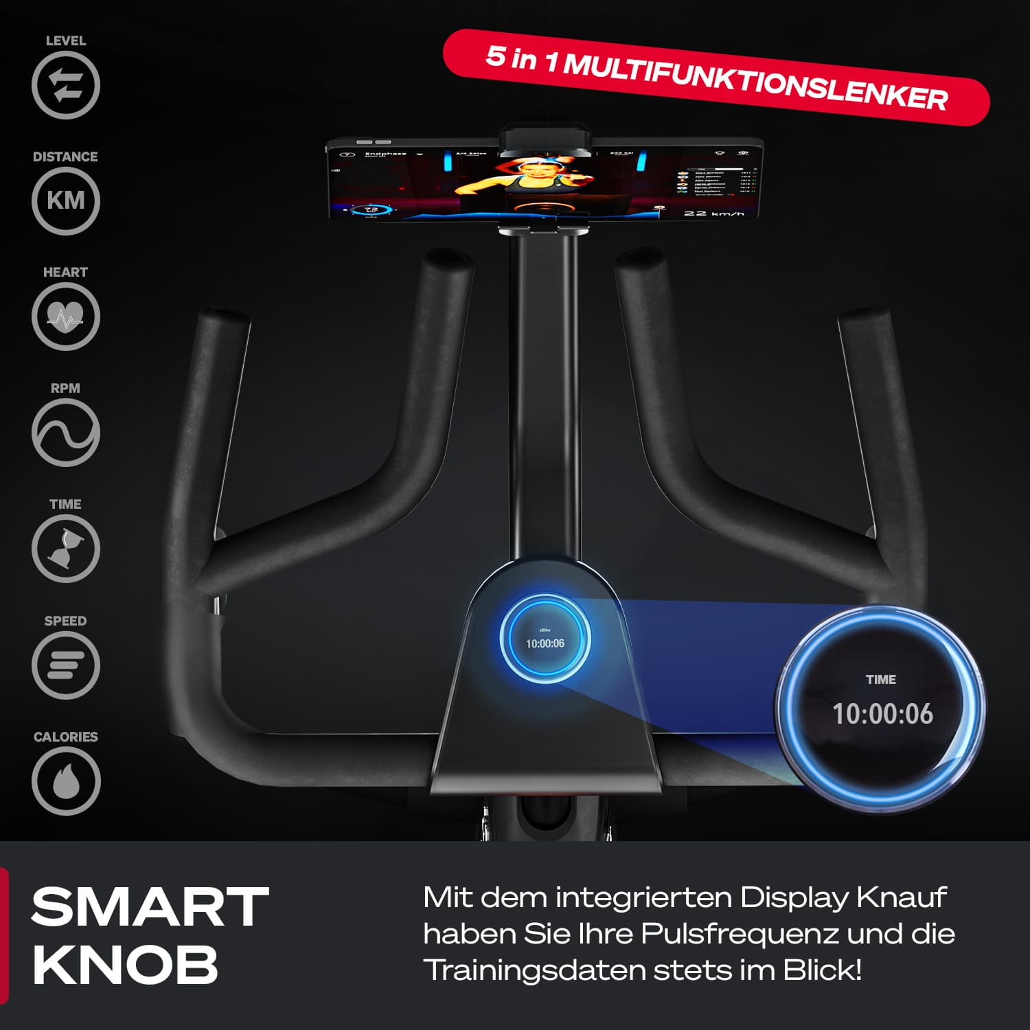 Heimtrainer mit Bildschirm, der Daten anzeigt. Er zeigt Zeit, Geschwindigkeit und andere Metriken. Ein Smart-Knopf ist auch sichtbar.
