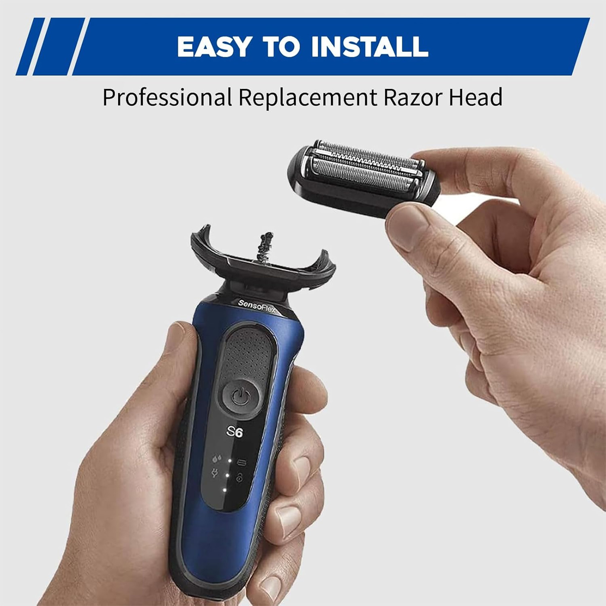 Eine Person hält einen blau-schwarzen Elektrorasierer und einen neuen Rasiererkopf, mit Text oben: 'Easy to Install'.