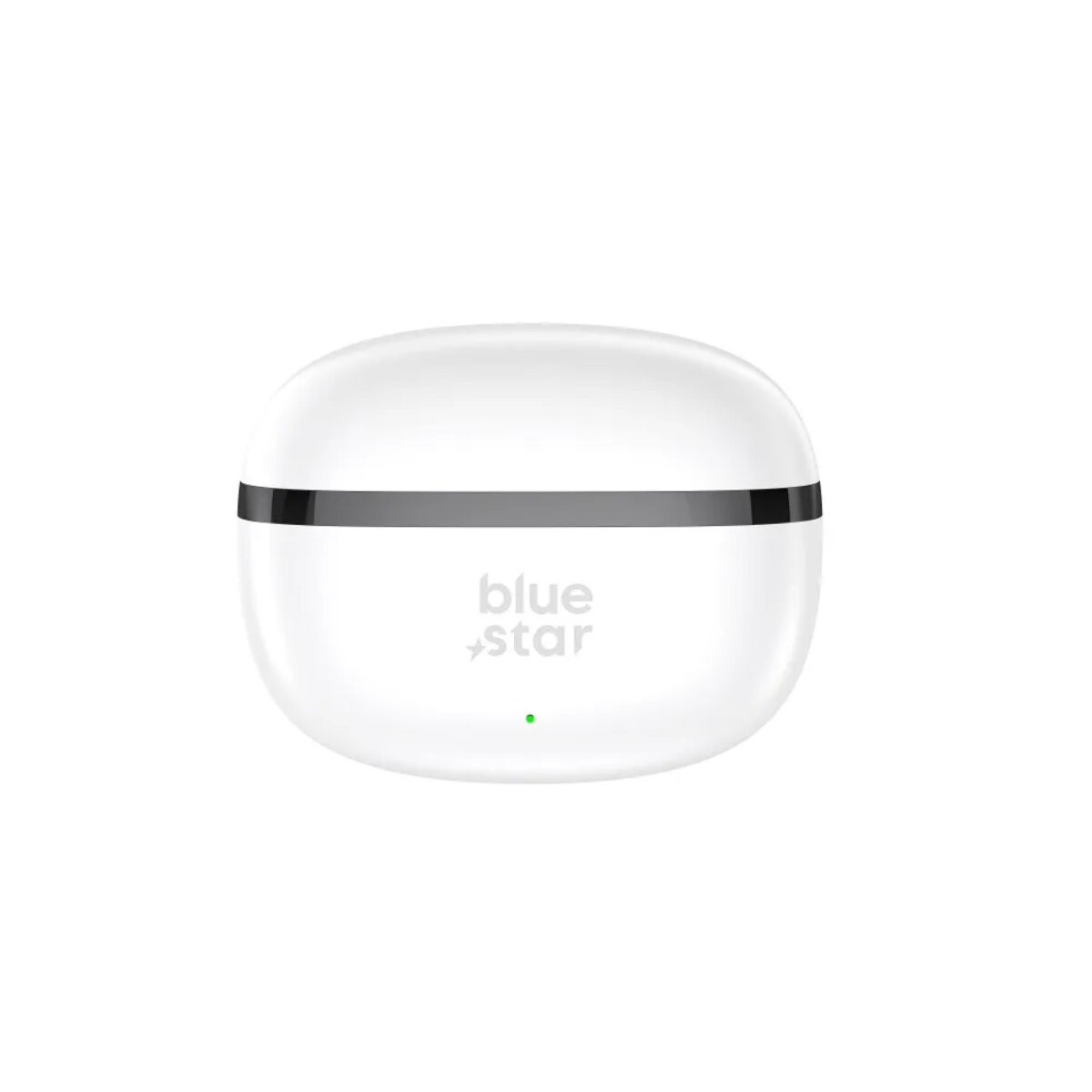 Custodia bianca per auricolari Blue Star. Ha una striscia nera, una luce verde e il logo del marchio.