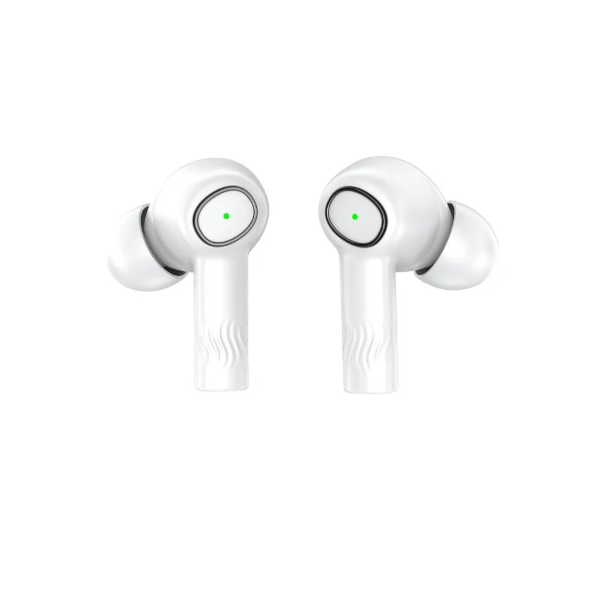 Due auricolari wireless bianchi. Ognuno ha una luce verde e uno stelo curvo. Lo sfondo è bianco.