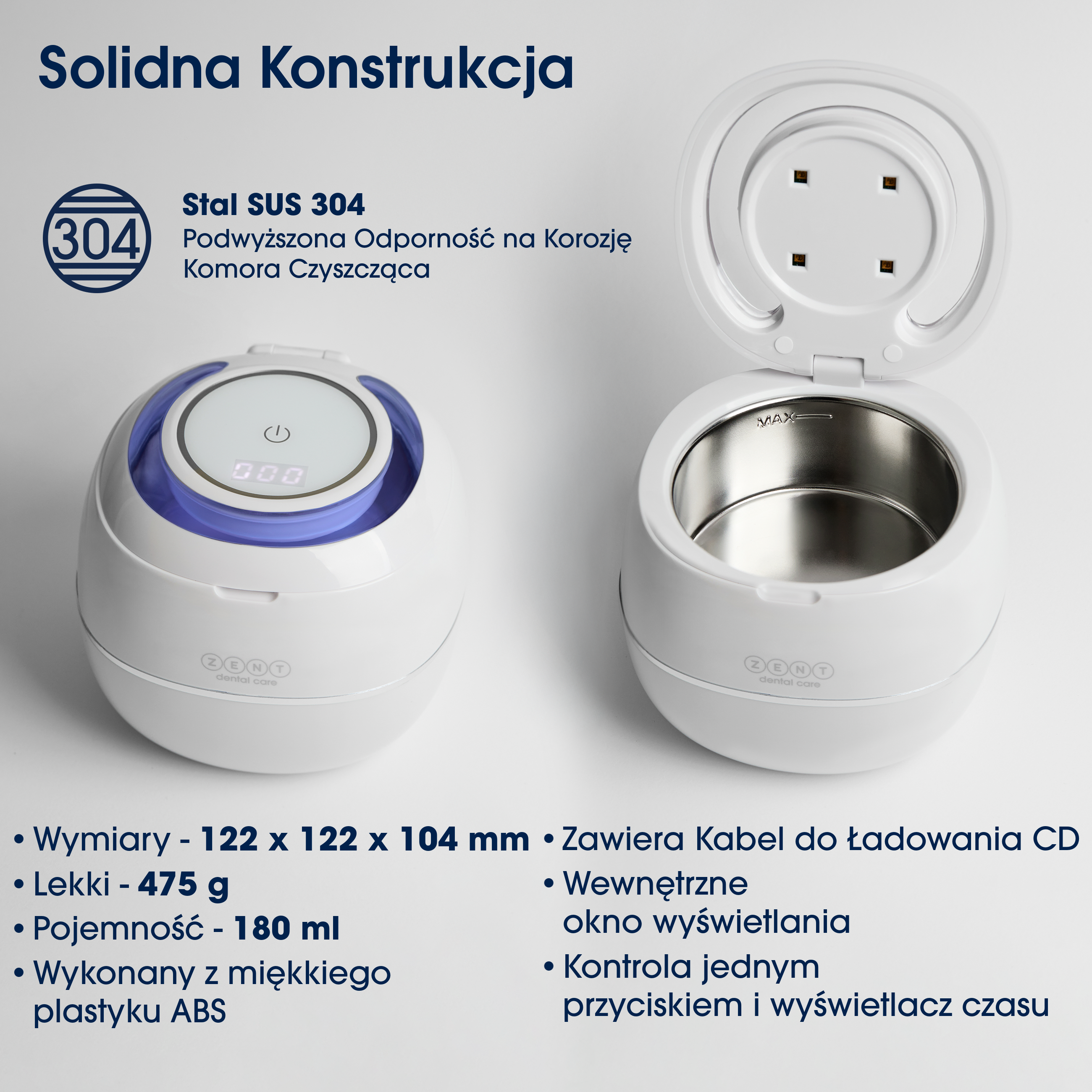 Dwa białe urządzenia. Jedno zamknięte, drugie otwarte. Teksty: Solidna konstrukcja, stal SUS 304 i cechy.