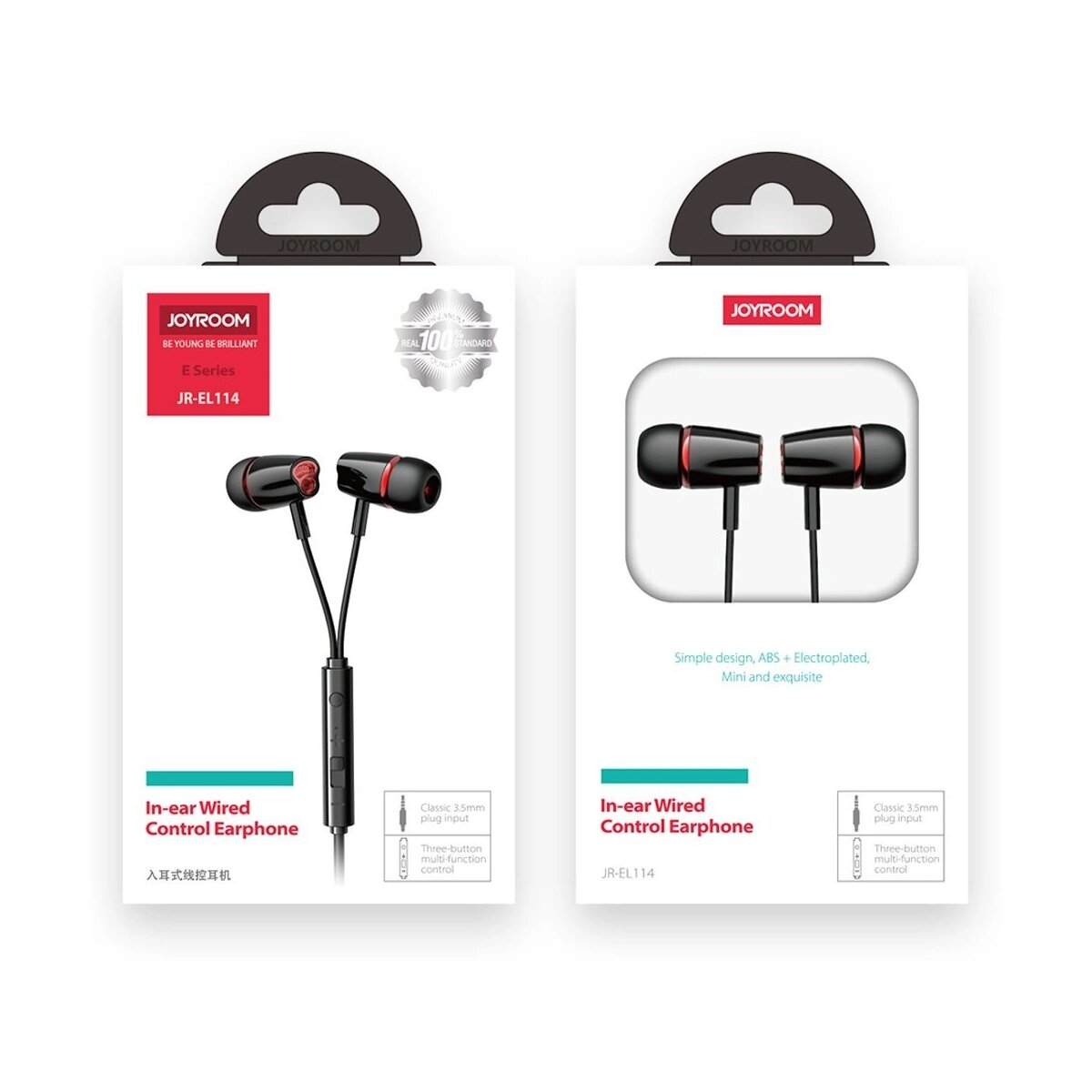Zwei Schachteln mit In-Ear-Kopfhörern mit Kabel. Die Kopfhörer sind schwarz und rot. Die Schachteln haben das Joyroom-Logo und Produktdetails.