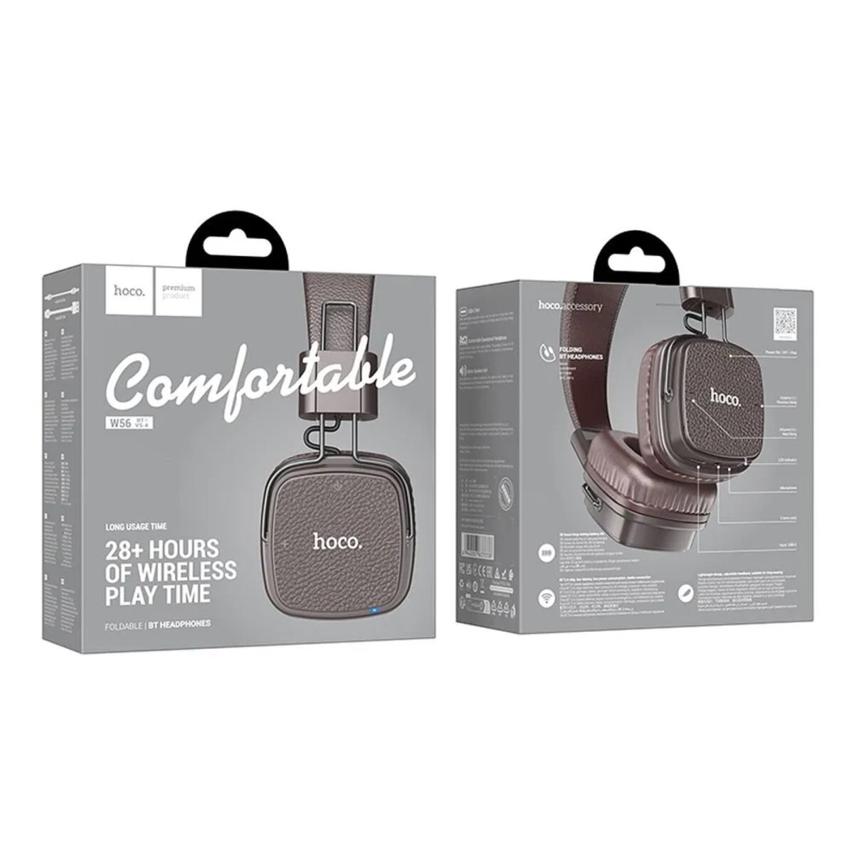 Due scatole di cuffie Hoco W56. Una mostra le cuffie e la parola Comfortable. L'altra mostra le cuffie nella scatola.