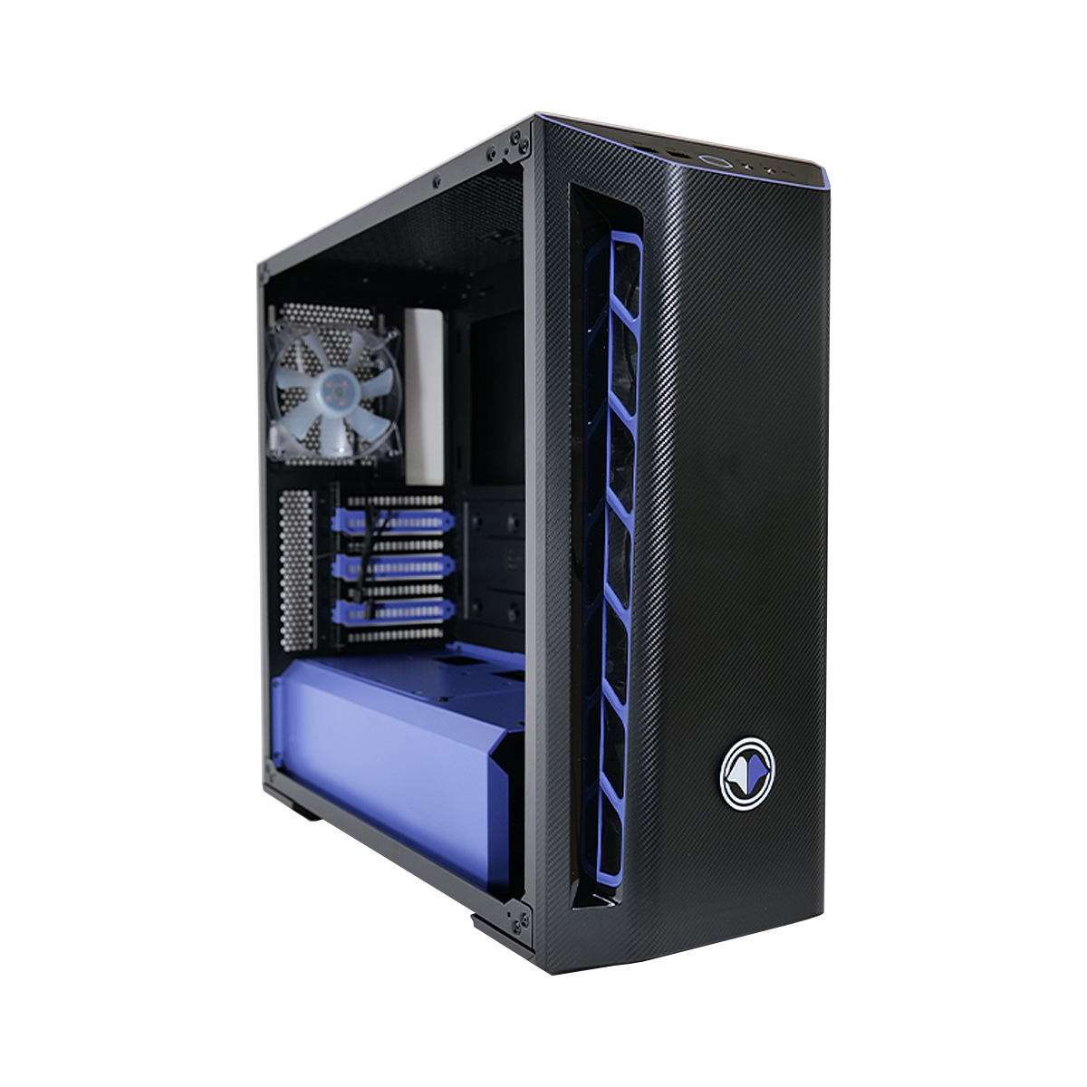 Un case per computer nero con dettagli blu. Il case è aperto, rivelando componenti interni come una ventola e un alimentatore blu.