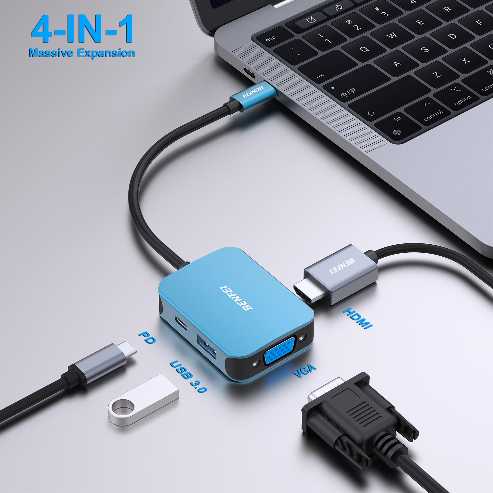 Ein blauer BENFEI 4-in-1 Adapter ist mit einem Laptop verbunden. Kabel für USB 3.0, HDMI, VGA und PD sind ebenfalls angeschlossen.
