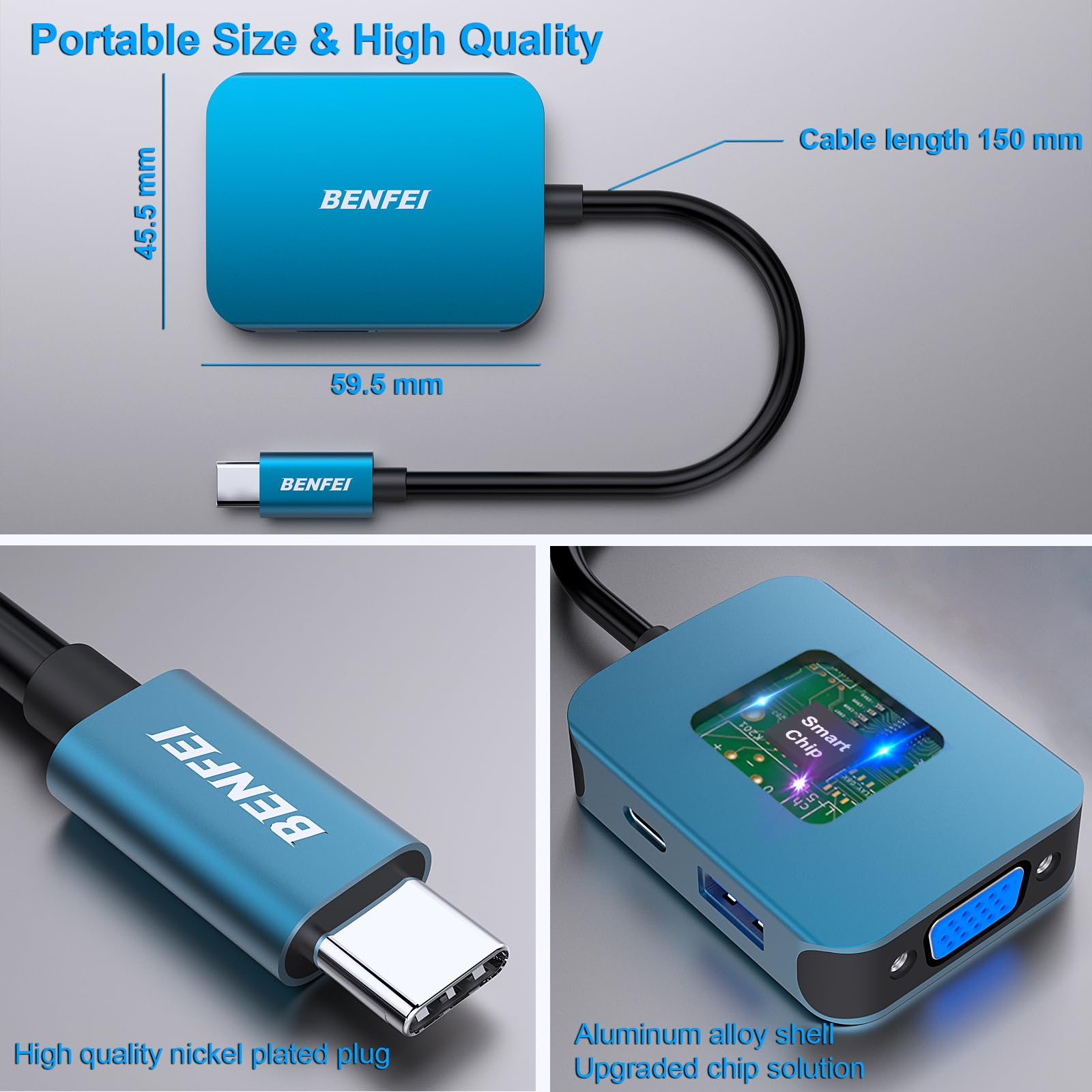 Das Bild zeigt einen blauen BENFEI-Adapter mit USB-C-Stecker und schwarzem Kabel. Abmessungen und Merkmale werden angezeigt.
