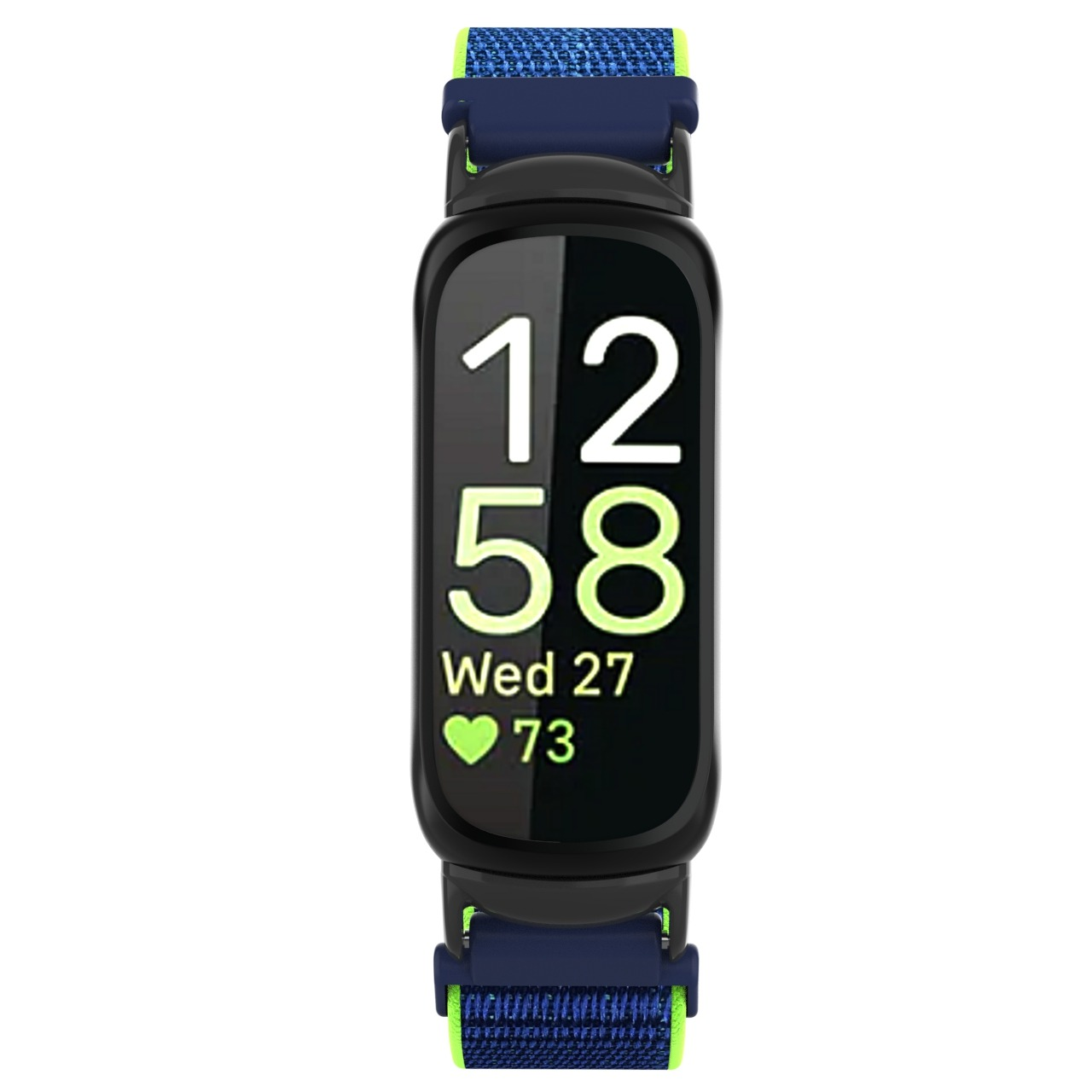 Eine schwarze Smartwatch zeigt '12:58 Mi 27' mit einem Herzsymbol und '73'. Sie hat blaue Armbänder mit einem grünen Streifen.