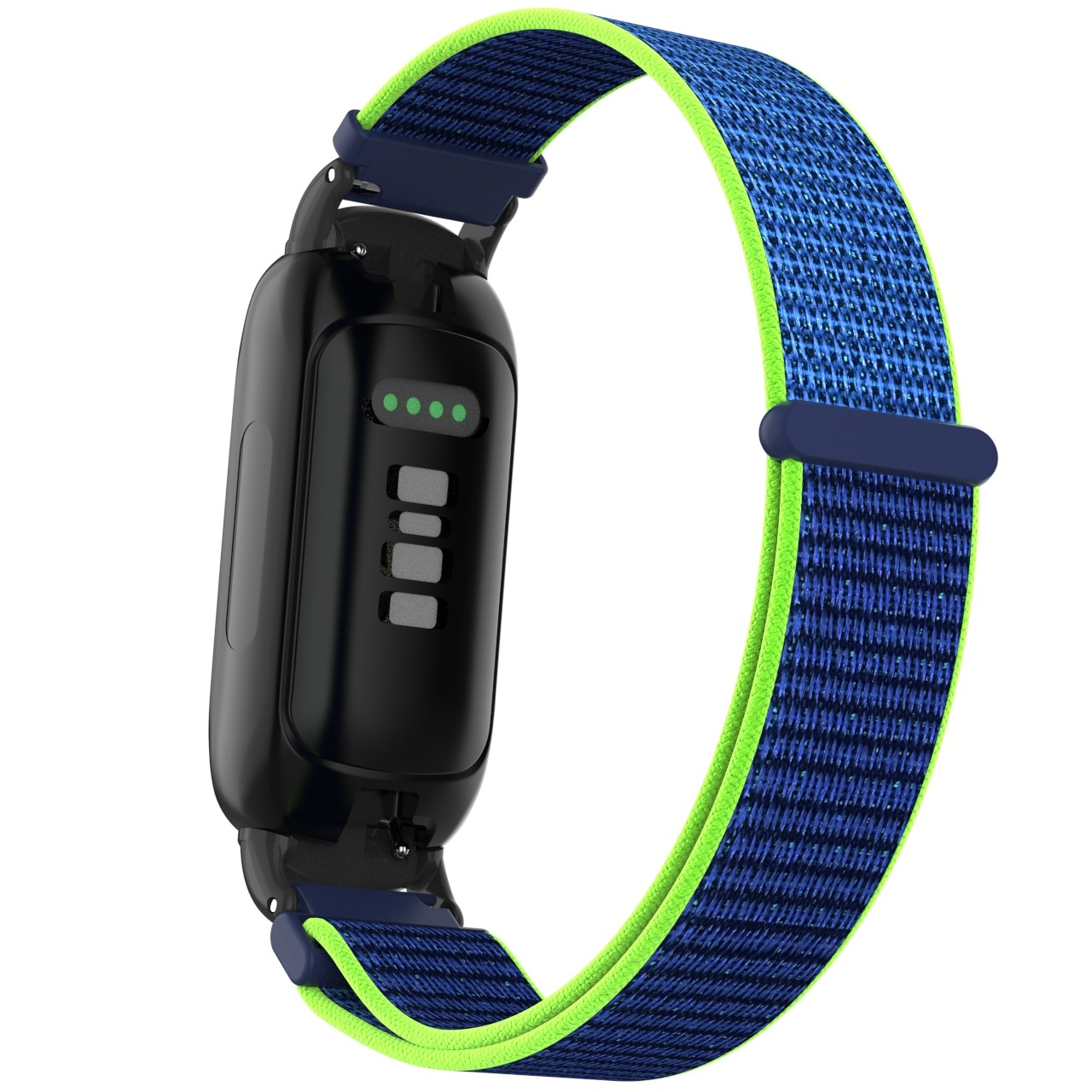 Eine schwarze Smartwatch mit blau-grünem Armband. Das Zifferblatt zeigt Indikatoren. Das Armband besteht aus gewebtem Stoff.