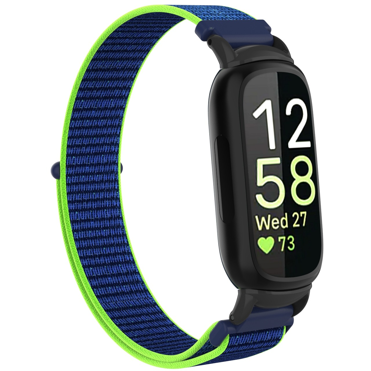 Ein schwarzer Fitnesstracker mit blauem und grünem Armband. Der Bildschirm zeigt die Uhrzeit, das Datum und die Herzfrequenz an.