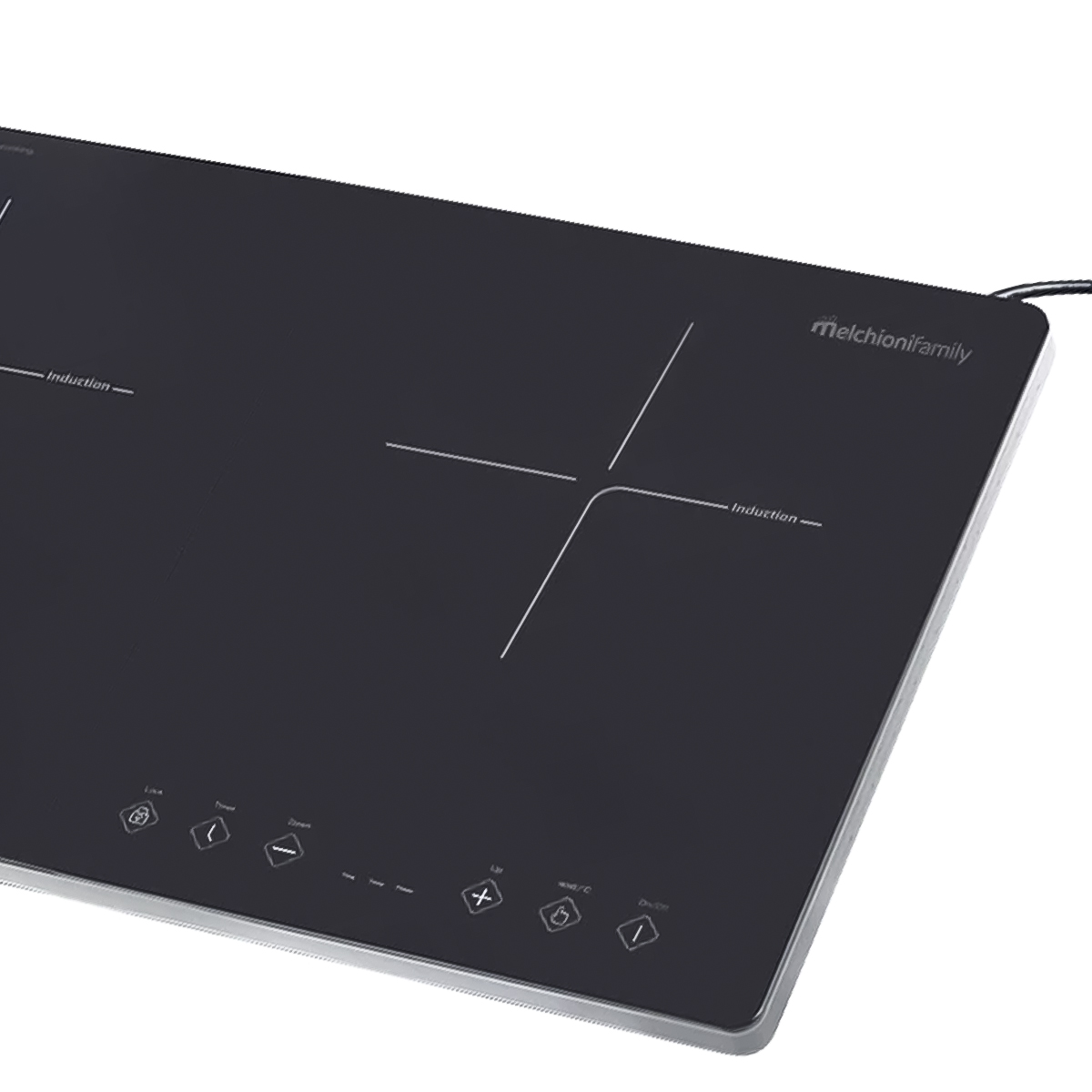 Czarna płyta indukcyjna z białymi oznaczeniami. Posiada przyciski sterowania i markę 'melchionifamily'.