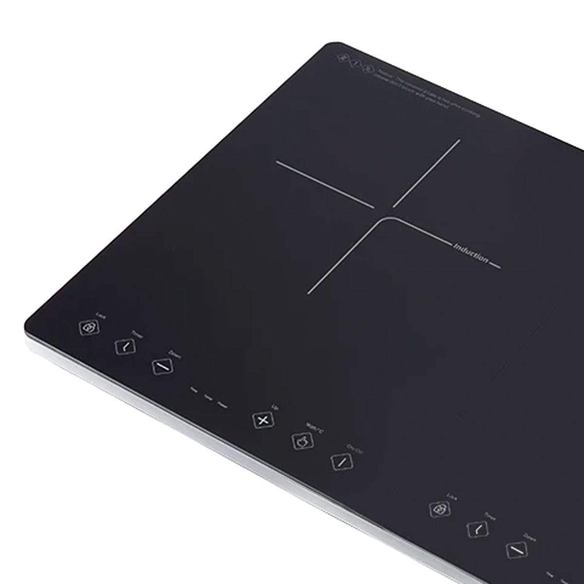 Czarna płyta indukcyjna z białymi oznaczeniami. Posiada różne przyciski sterowania i krzyżowy design.