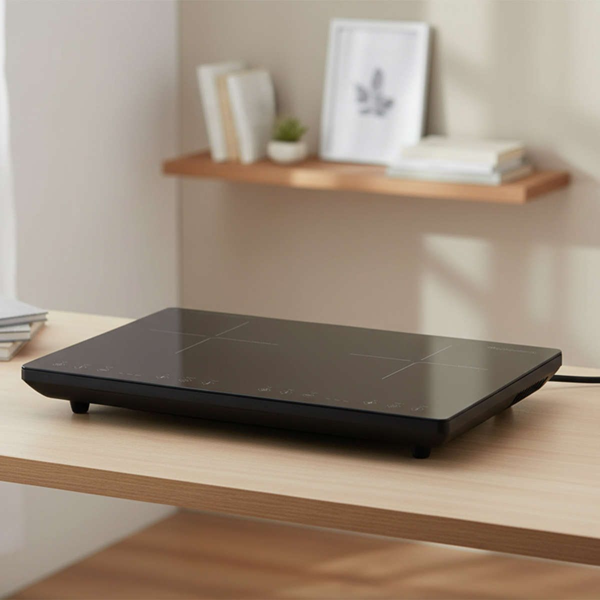 Czarna płyta indukcyjna na drewnianej powierzchni. Na tle półka z książkami i oprawionym zdjęciem.