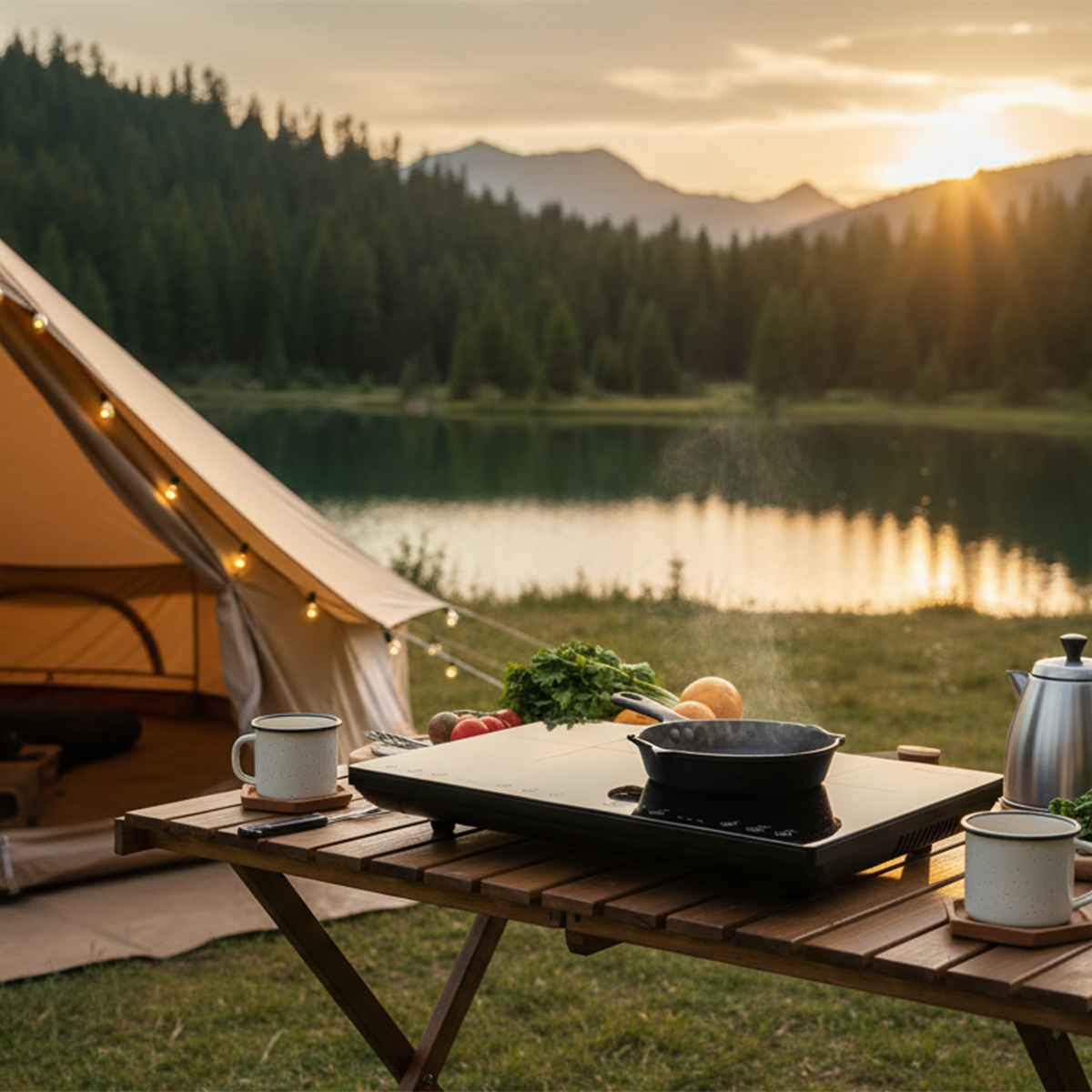 Scena kempingowa z namiotem, jeziorem, górami i zachodem słońca. Stół ze sprzętem kuchennym. Patelnia na kuchence z warzywami.