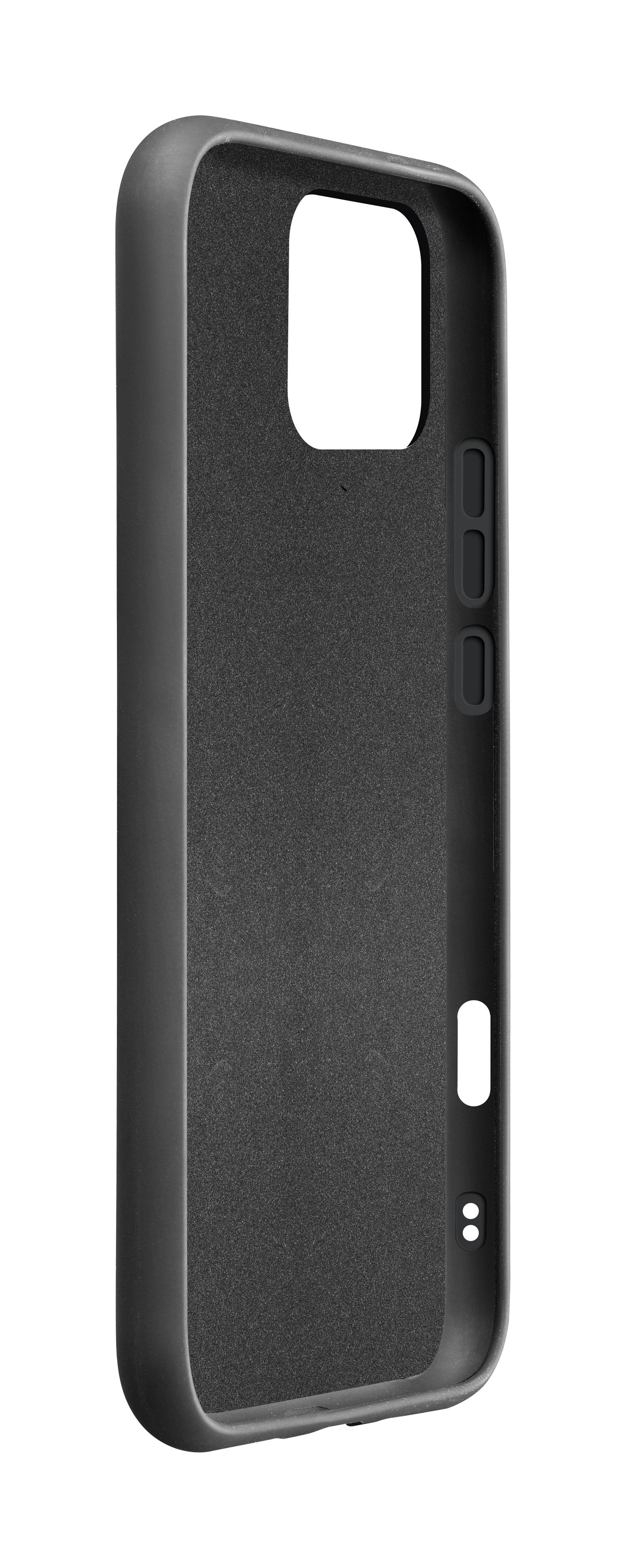 Una custodia per telefono nera. Ha aperture per la fotocamera e i pulsanti. L'interno ha una finitura strutturata.