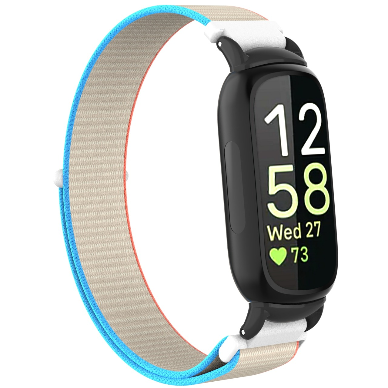 Schwarze Smartwatch mit beigem, blauem und weißem Armband. Der Bildschirm zeigt 12:58, Mittwoch 27 und eine Herzfrequenz von 73.