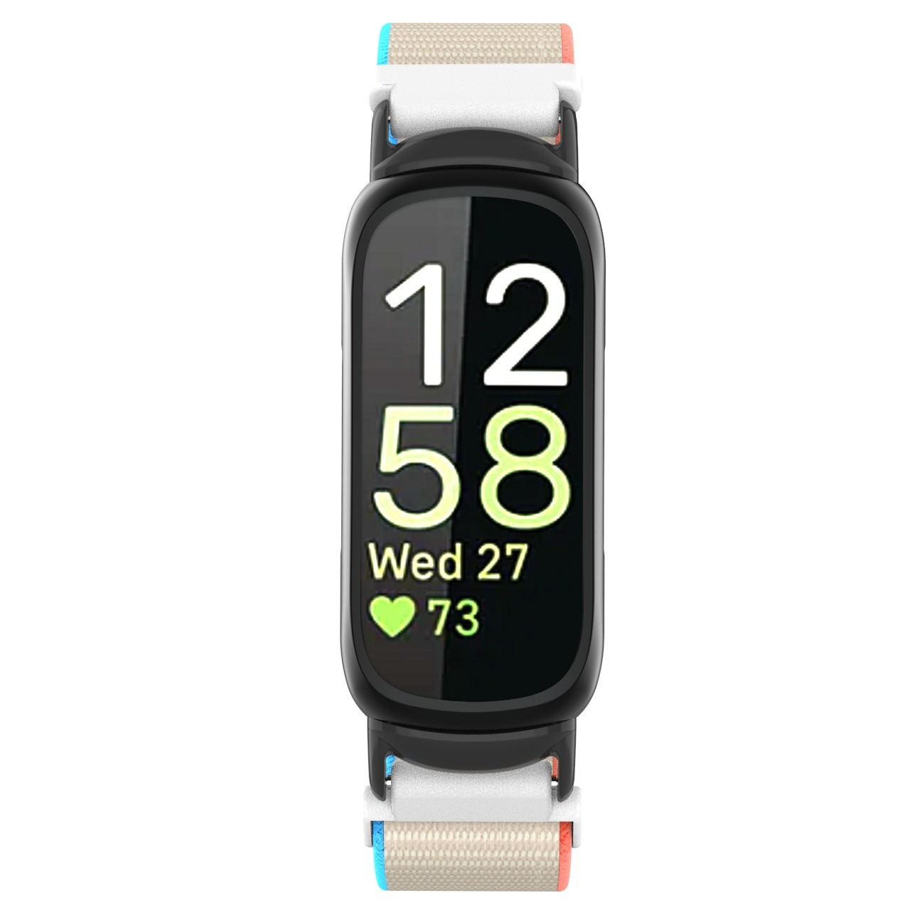 Schwarze Smartwatch zeigt 12:58, Datum und Herzfrequenz an. Weißes Armband mit beigem Stoff und blau/roten Akzenten.