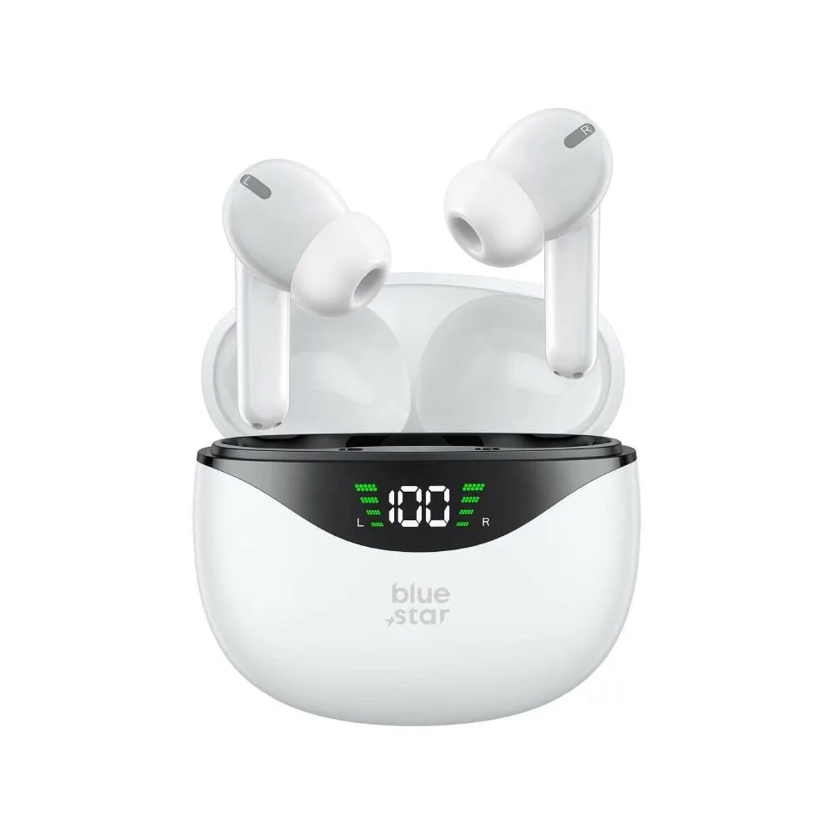 Auricolari bianchi Blue Star nella custodia di ricarica. La custodia mostra il 100% di carica. Gli auricolari sono etichettati L e R.