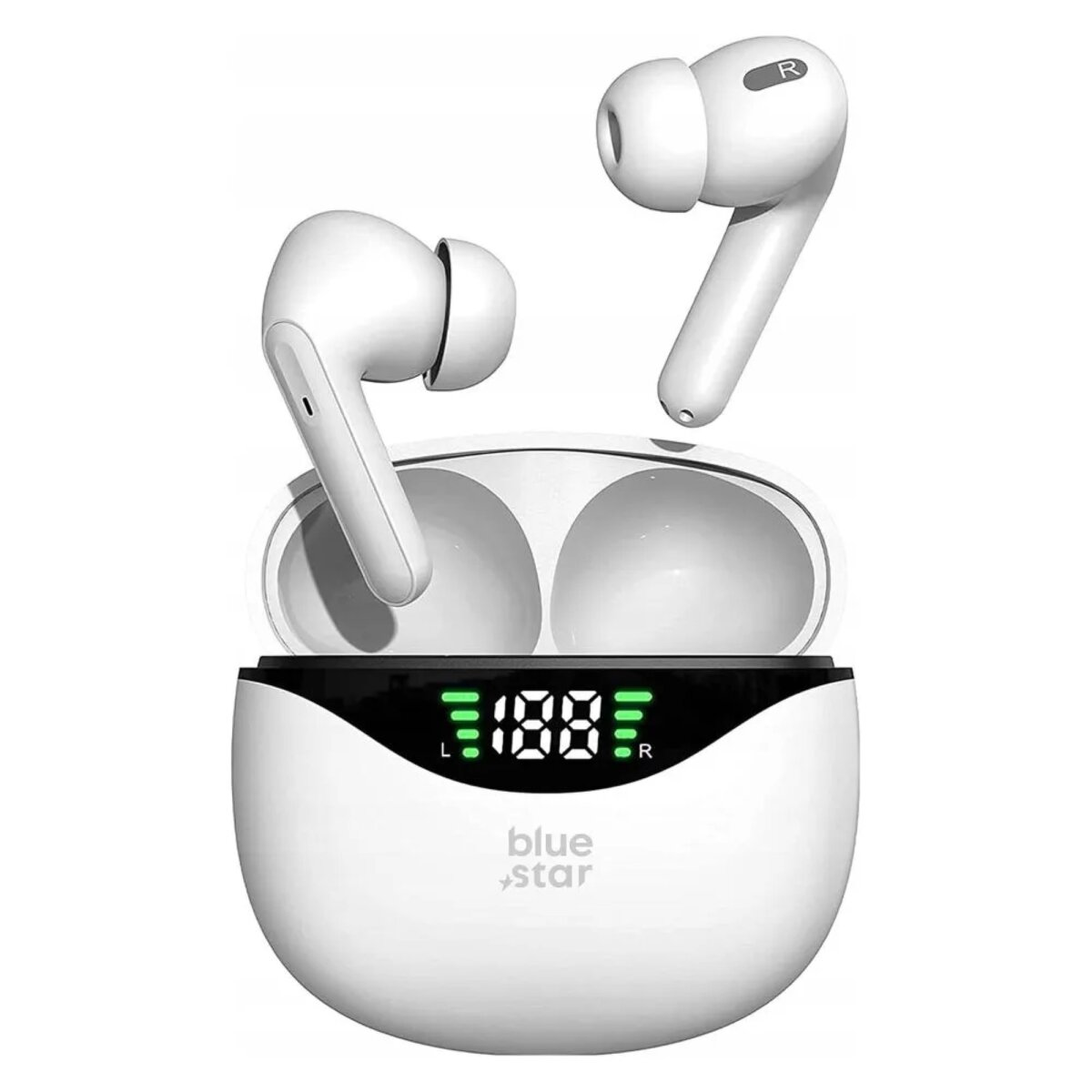 Auricolari wireless bianchi con custodia di ricarica. La custodia mostra il livello della batteria. Auricolari sopra e nella custodia, con logo 'blue star'.