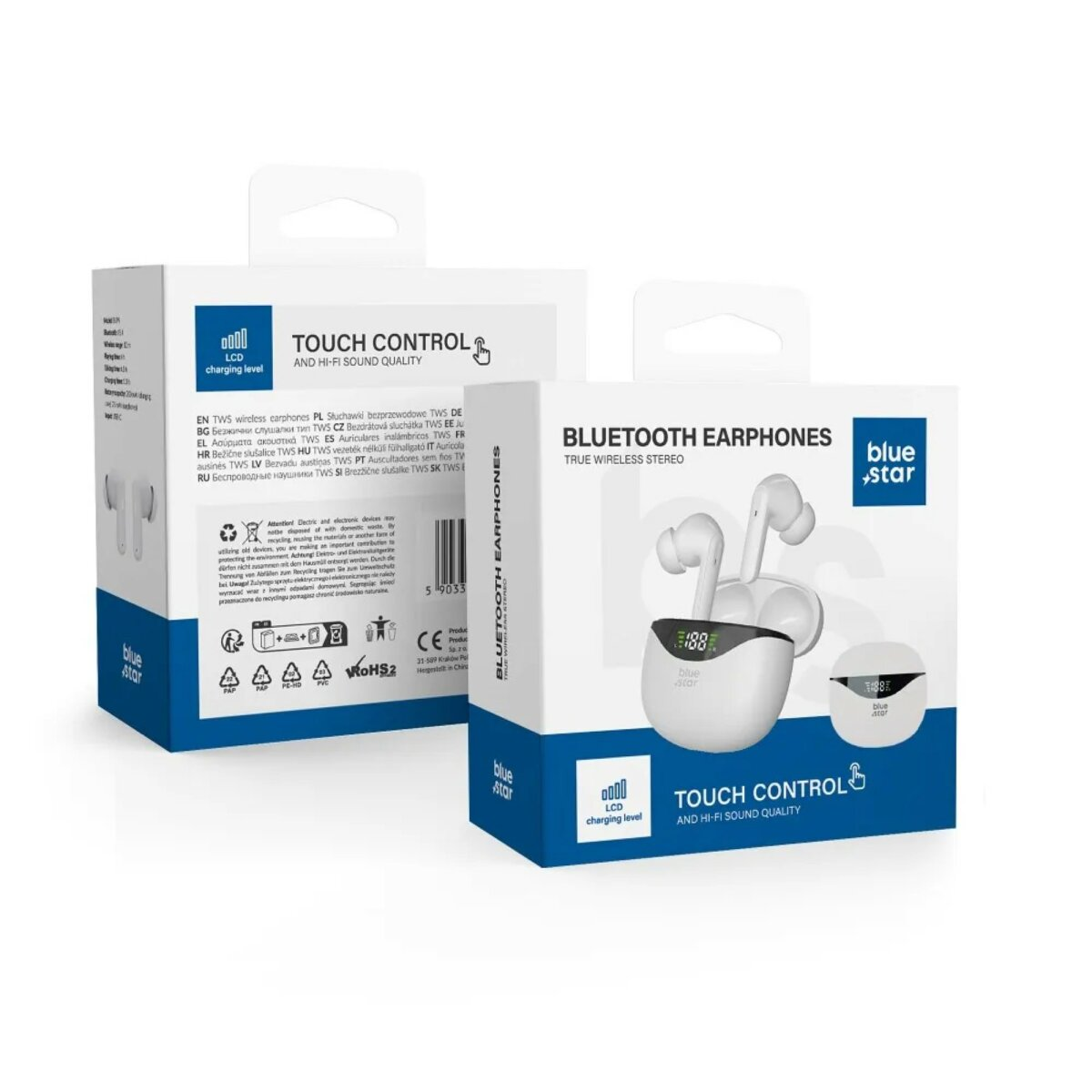 Sono mostrate due scatole di auricolari Bluetooth Blue Star. Una scatola è aperta, mostrando gli auricolari.