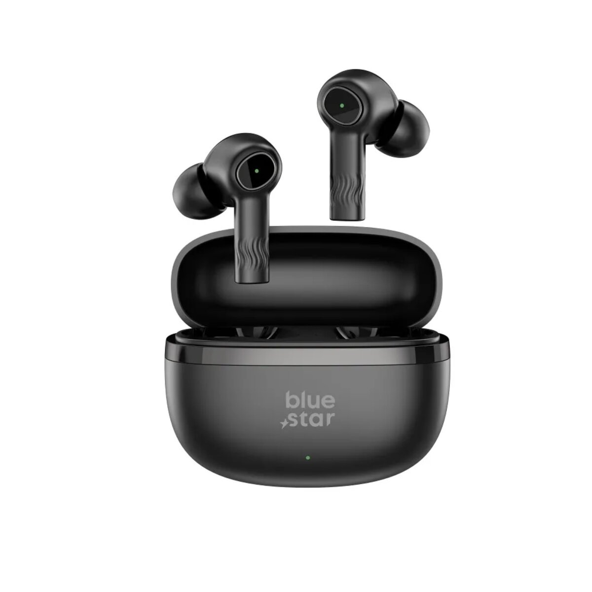 Auricolari wireless neri su una custodia di ricarica. La custodia e gli auricolari sono neri. Il marchio è 'blue star'.