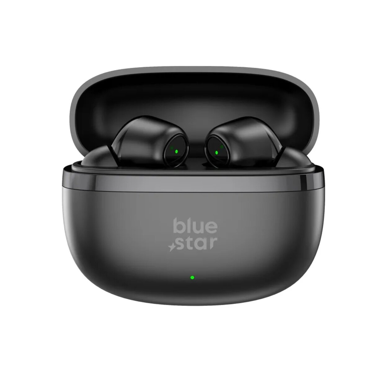 Auricolari wireless neri in una custodia di ricarica. Logo 'blue star' visibile. Luci LED verdi su entrambi gli auricolari e sulla custodia.