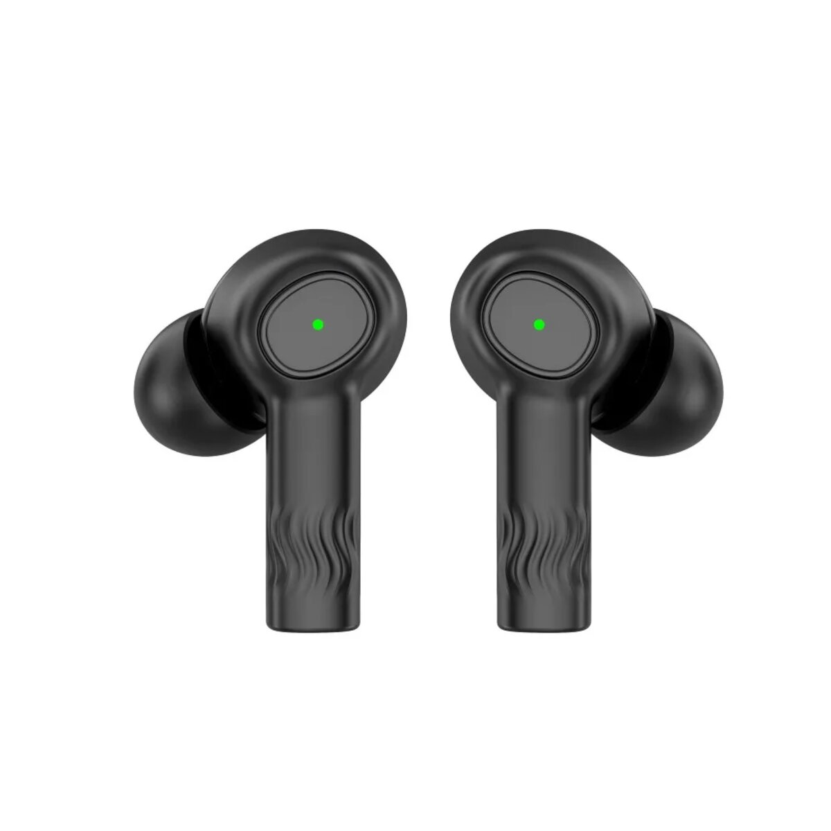 Due auricolari wireless neri con luci di indicazione verdi. Ognuno ha uno stelo con un design e un auricolare arrotondato.