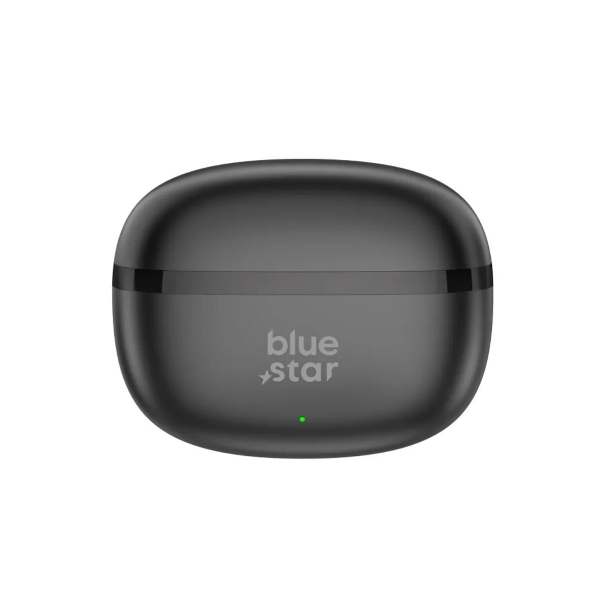 Un astuccio per auricolari grigio scuro, di forma ovale. Ha il logo "blue star" e una luce verde. Lo sfondo è bianco.