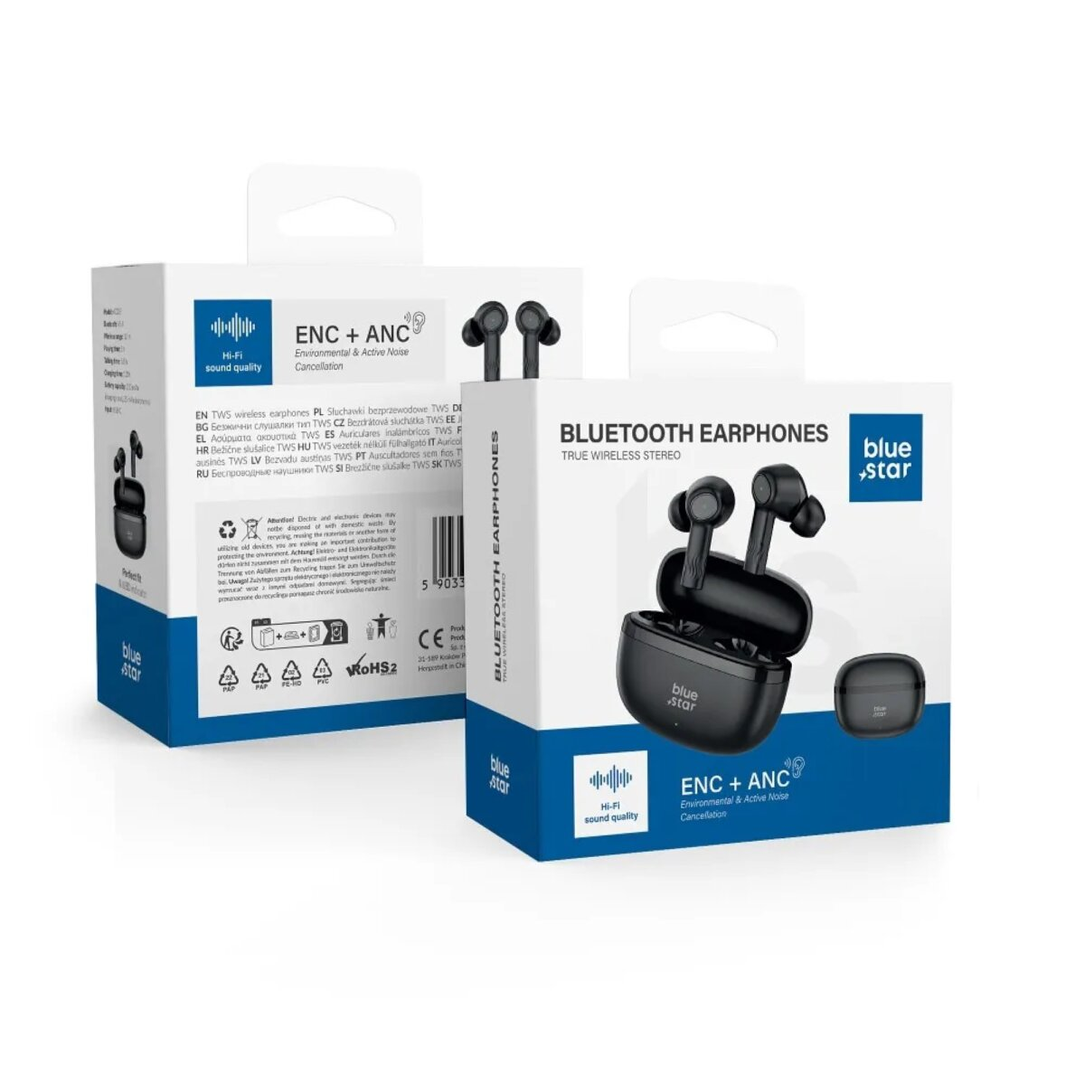 Due scatole di auricolari Bluetooth Blue Star neri. Ogni scatola mostra gli auricolari e la custodia di ricarica.