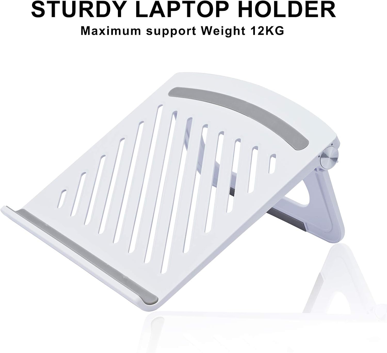 Weißer Laptop-Halter mit grauen Akzenten. Er hat ein Lamellendesign und verstellbare Stützen. Text lautet 'Stabiler Laptop-Halter' mit 12KG Unterstützung.