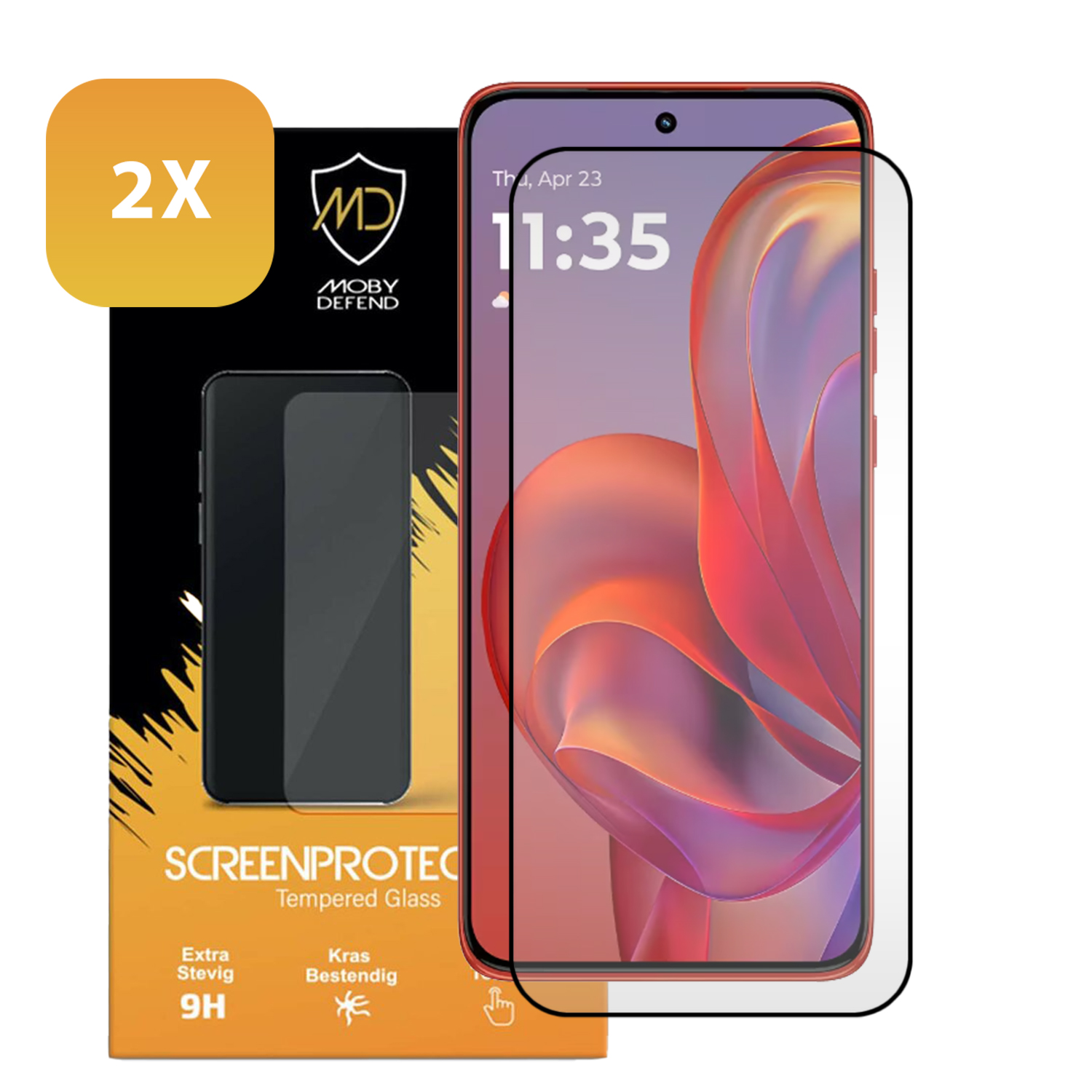Smartphone met schermbeschermer. Inclusief telefoon, beschermer en verpakking. Display toont tijd en datum. Het merk is Moby Defend.