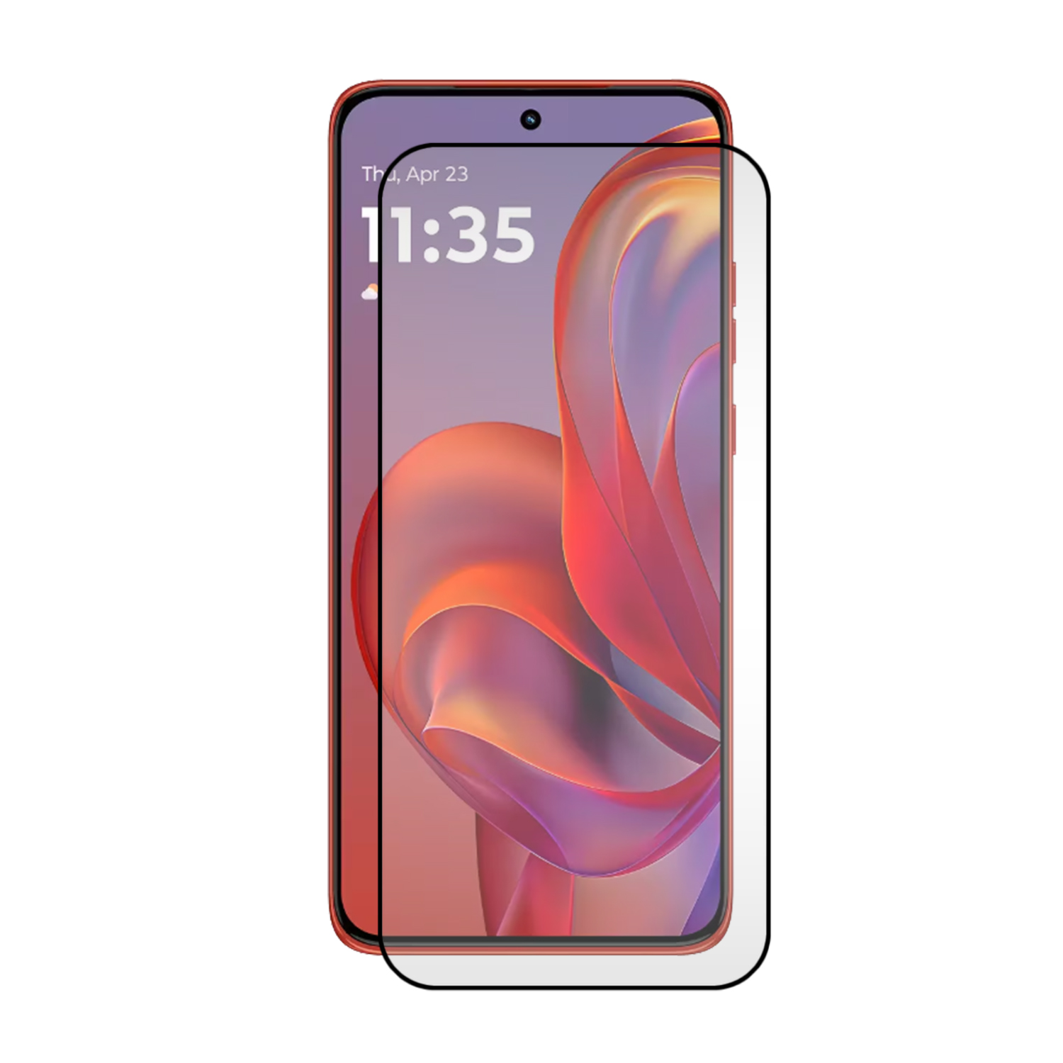 Een smartphone met een schermbeschermer aangebracht. Het scherm toont de tijd en datum. De telefoon heeft een rood frame en een kleurrijke achtergrond.