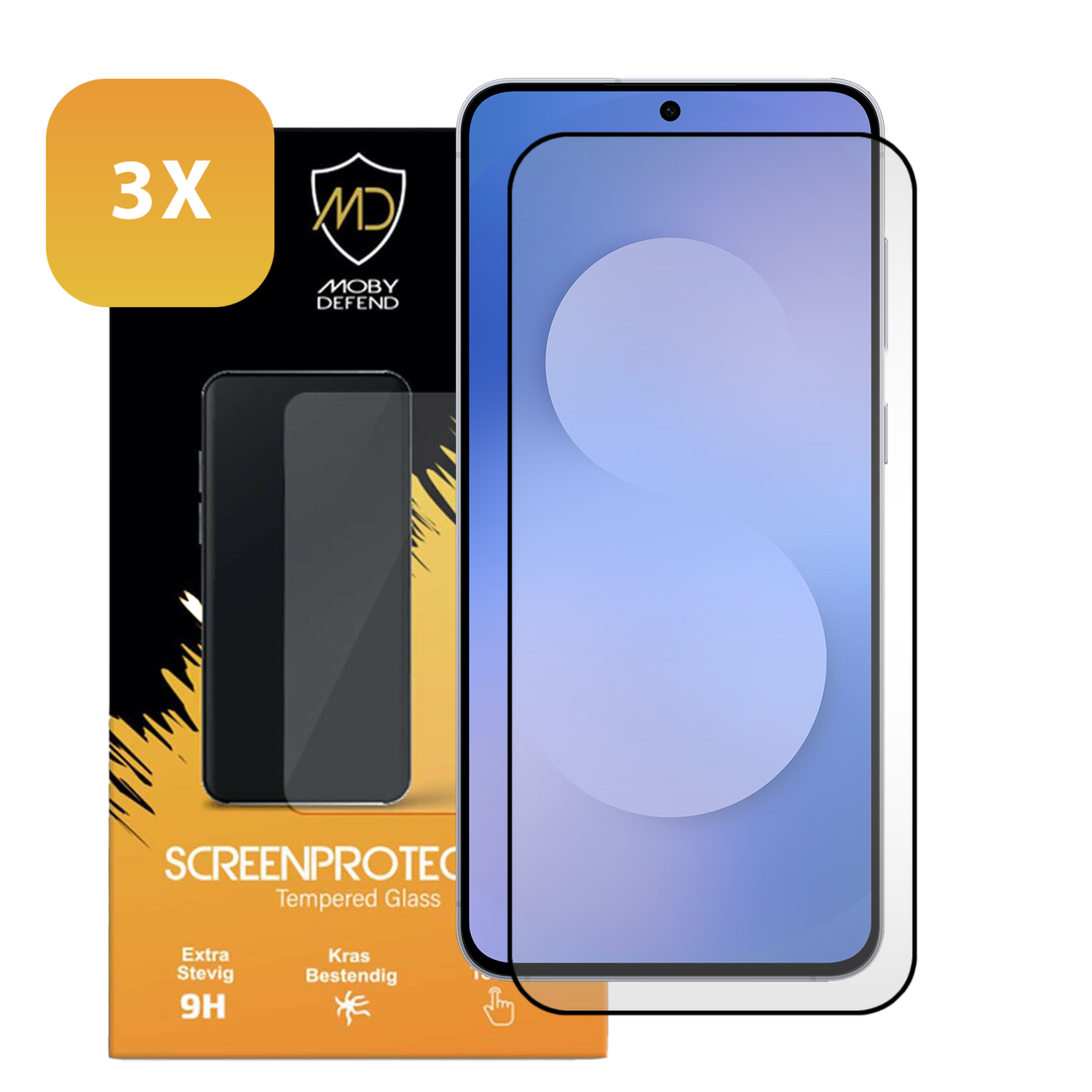 Een set schermbeschermers voor telefoons. Bevat een telefoon, een schermbeschermer en verpakking met branding en productdetails.