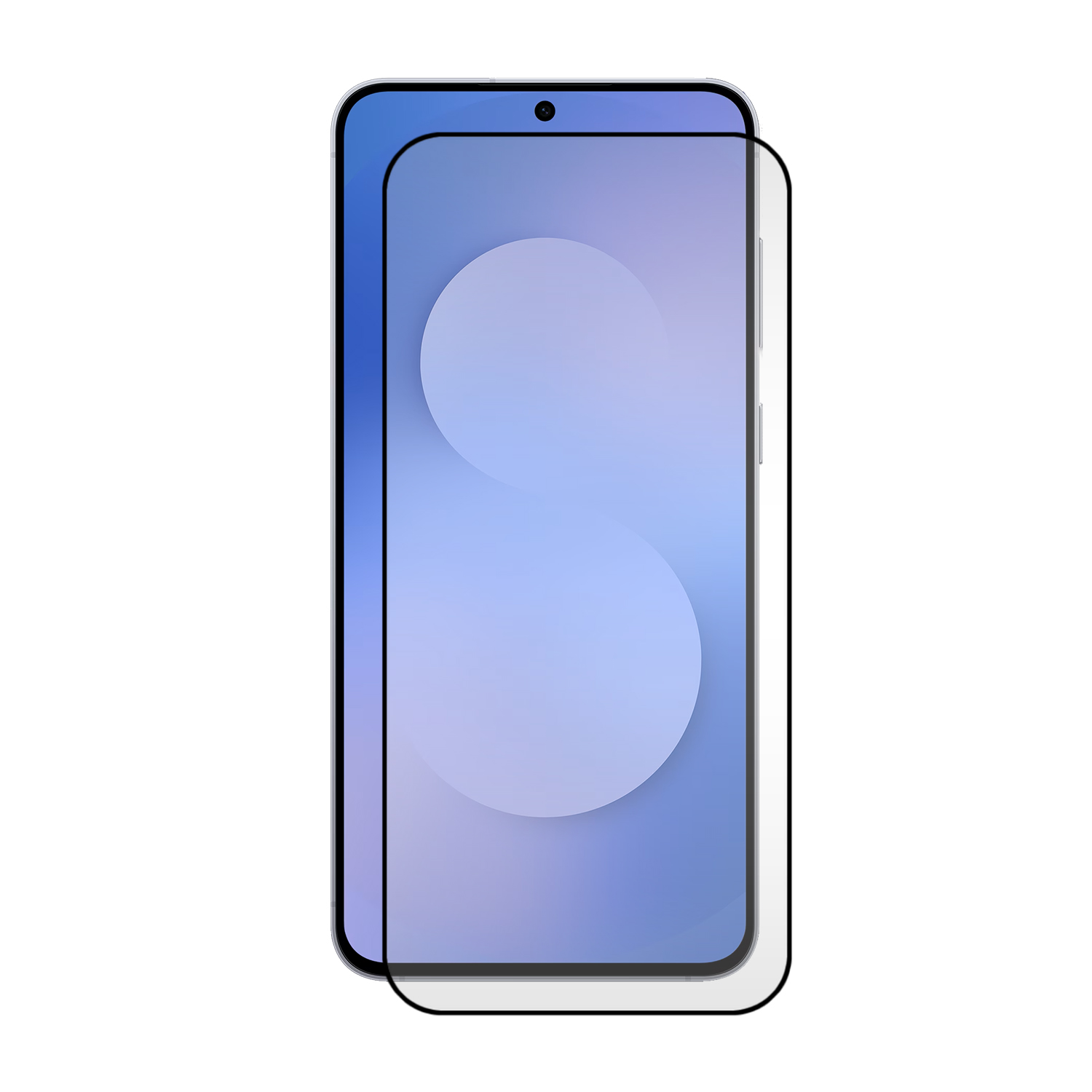 Een smartphone met een schermbeschermer. Het scherm toont een verloop van blauw en wit. De telefoon staat tegen een witte achtergrond.