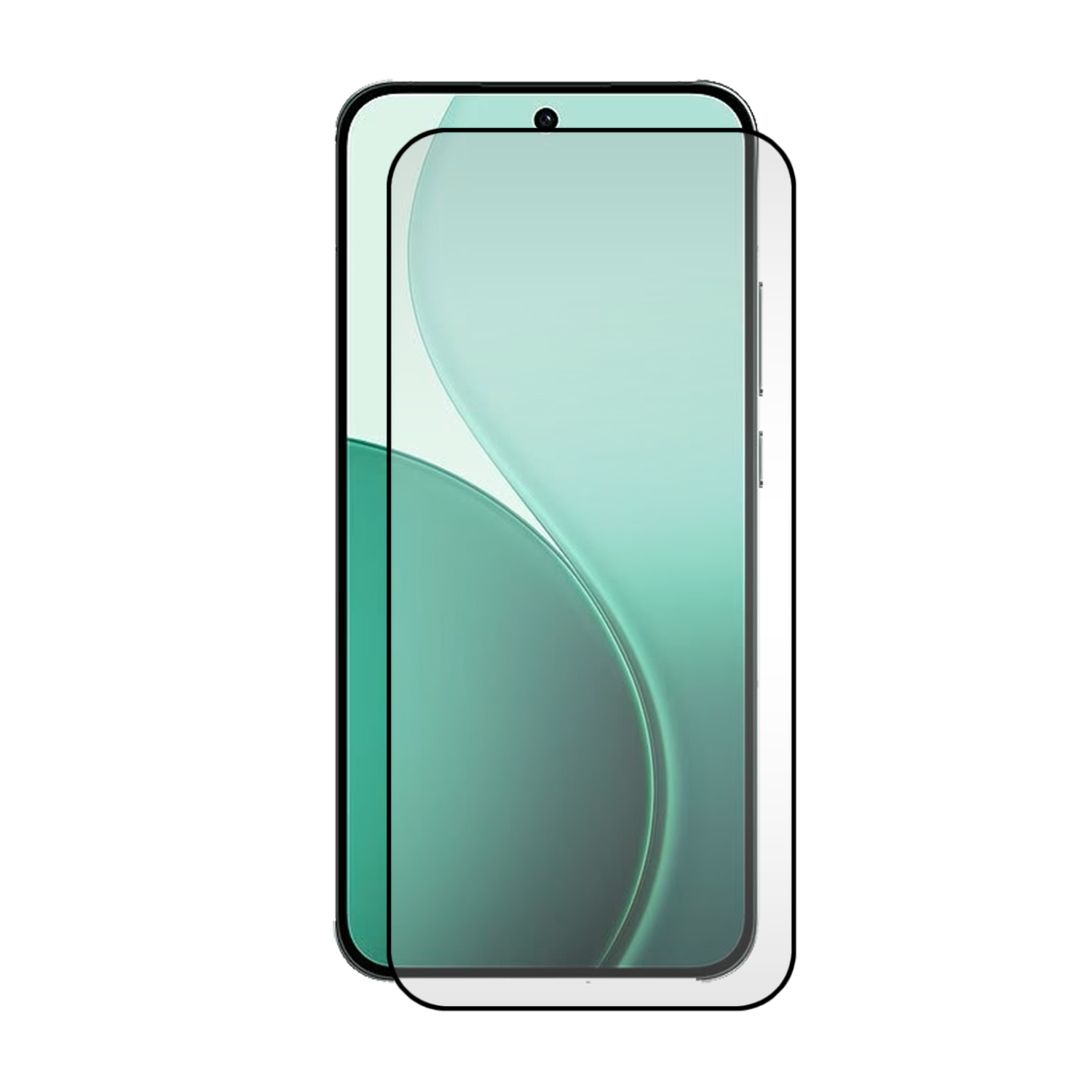 Un smartphone avec un protecteur d'écran appliqué. Le téléphone a un cadre noir, une caméra et un écran dégradé vert.