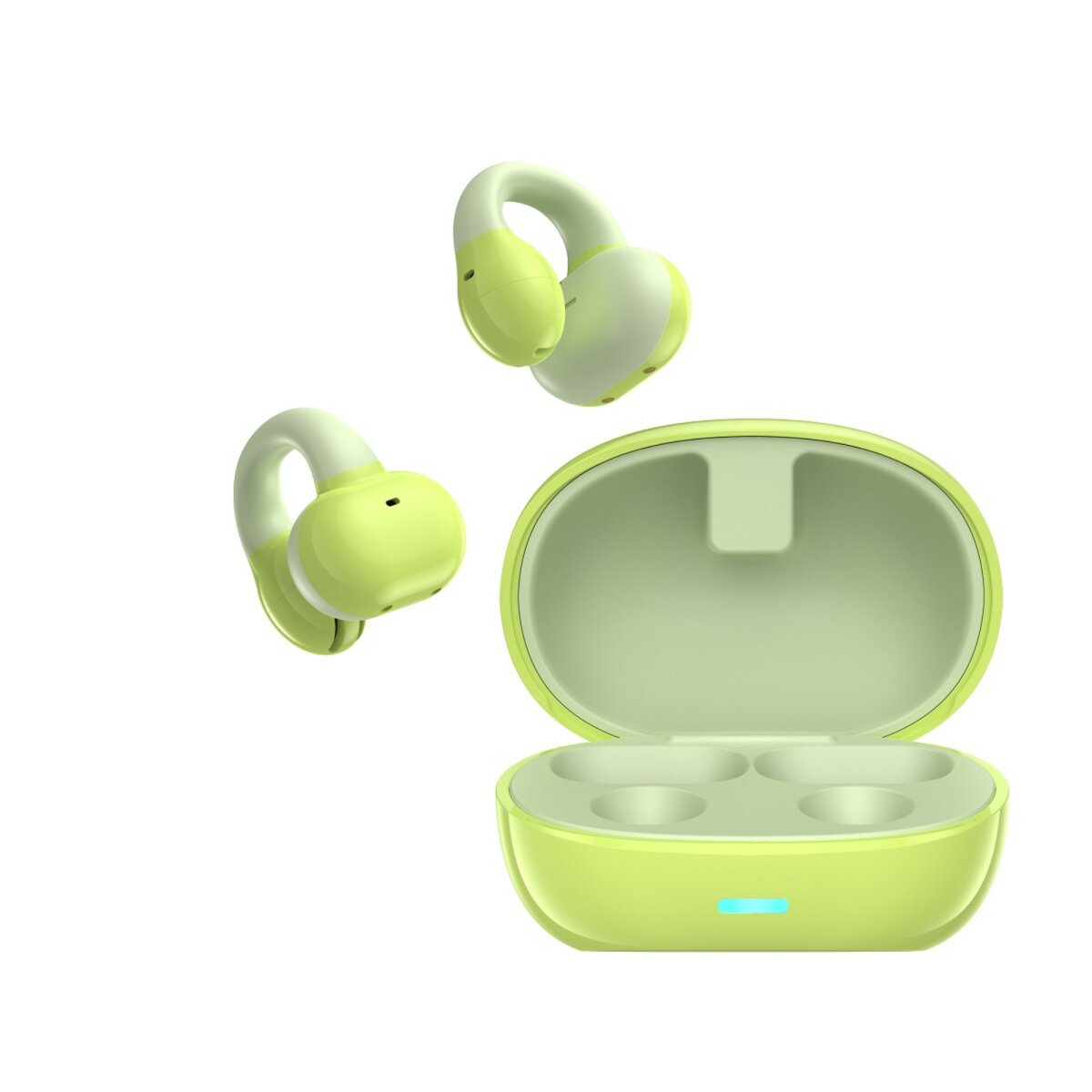 Auricolari wireless verde lime, due in aria, uno in custodia aperta. La custodia è anch'essa verde lime, con interno verde chiaro.