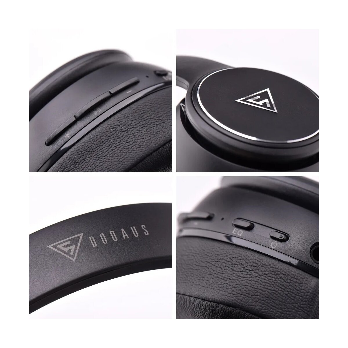 Schwarze Kopfhörer mit verschiedenen Nahaufnahmen. Knöpfe, Logo und Ohrmuscheldetails sind sichtbar. Die Marke ist DOQAUS.