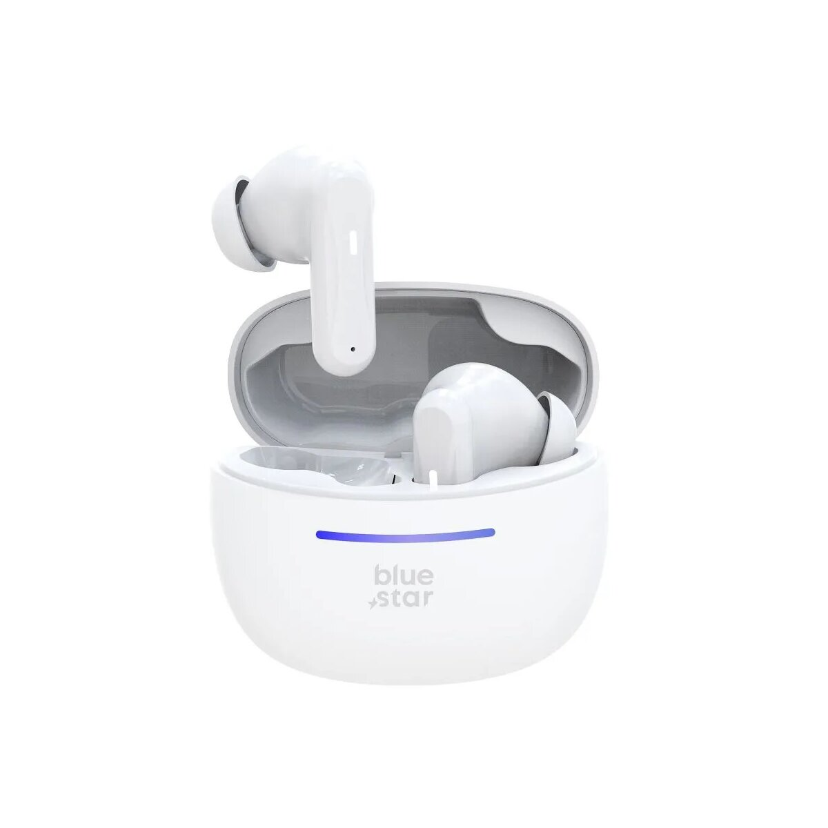 Auricolari wireless bianchi in una custodia di ricarica aperta. La custodia ha una luce blu e il logo Blue Star. Lo sfondo è bianco.