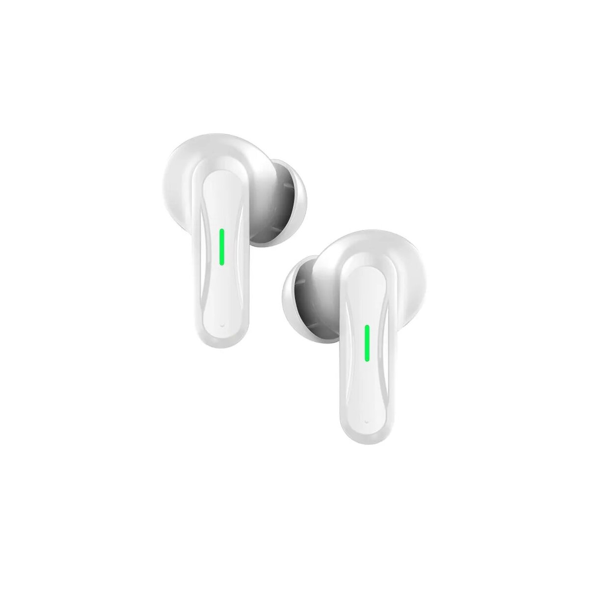 Due auricolari wireless bianchi con una linea verde. Sono su sfondo bianco.