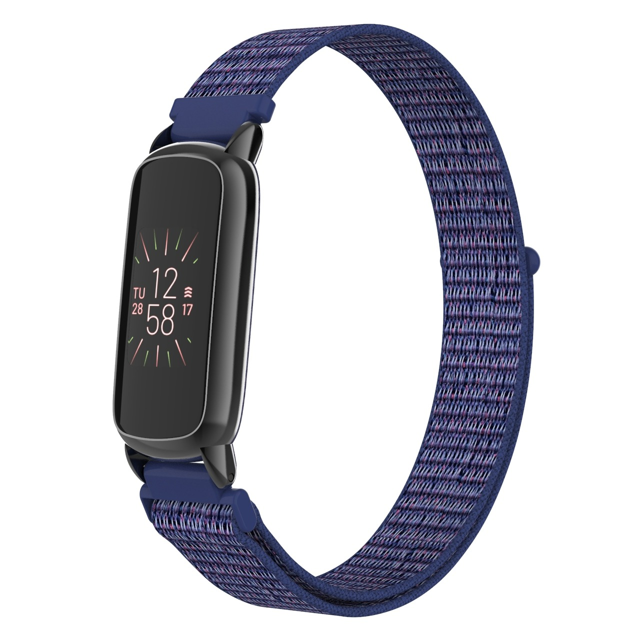Uno smartwatch nero con cinturino intrecciato blu e viola. Il quadrante mostra l'ora e la data. Isolato su sfondo bianco.