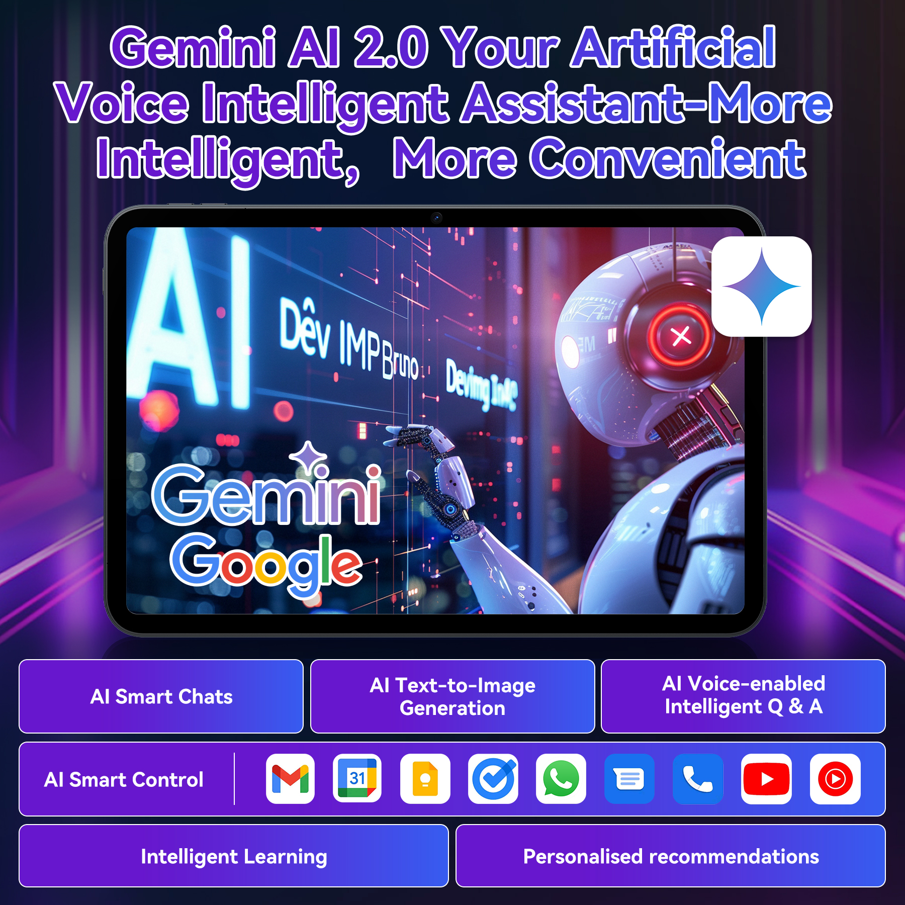 Un anuncio de Gemini AI 2.0. La imagen presenta una tableta que muestra un robot de IA, con varias funciones de IA enumeradas.