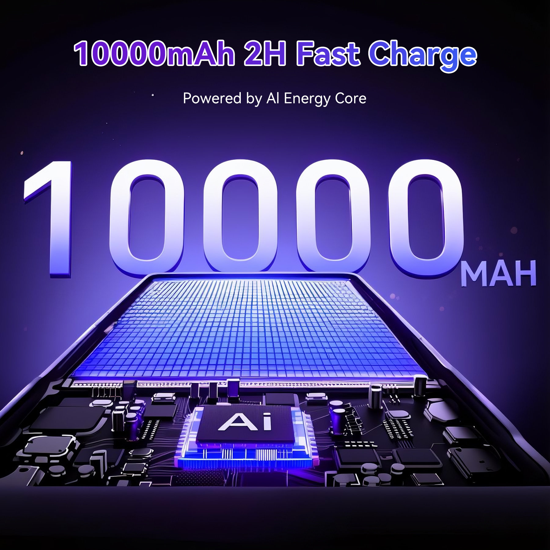 La imagen muestra una batería con capacidad de 10000 mAh, carga rápida y tecnología AI Energy Core.