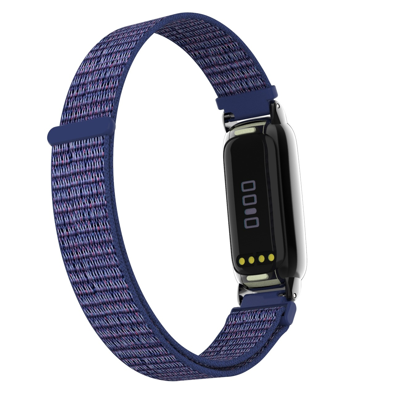 Un fitness tracker blu con un cinturino intrecciato è mostrato. Il tracker ha uno schermo nero che mostra i dati. Il cinturino è ad anello.